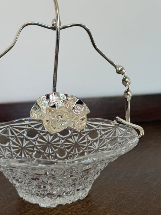 Vintage Pressed Glass Bonbon Basket with Silver-Tone Handle