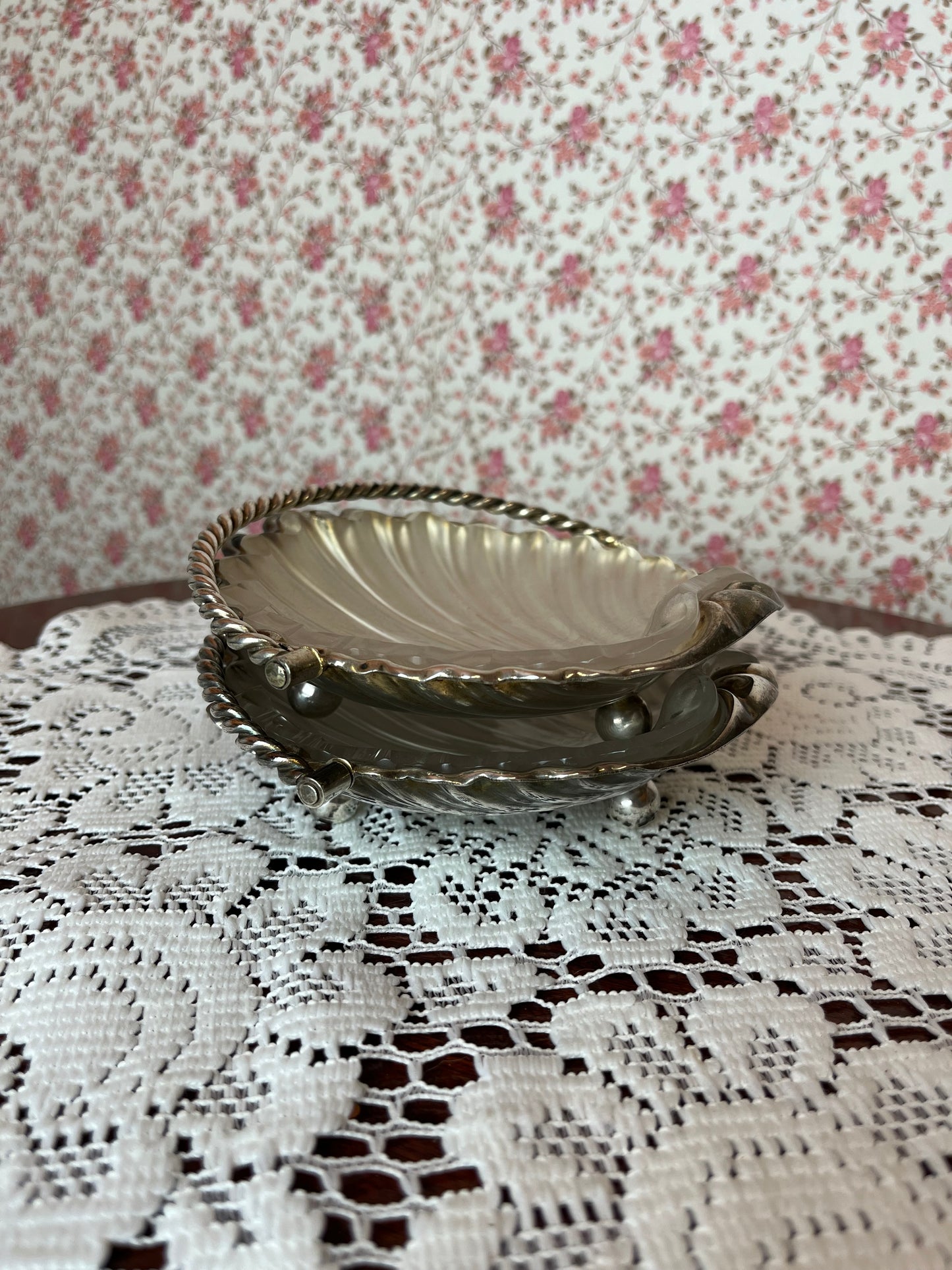 Vintage Silver Shell Dishes with Glass and Handles