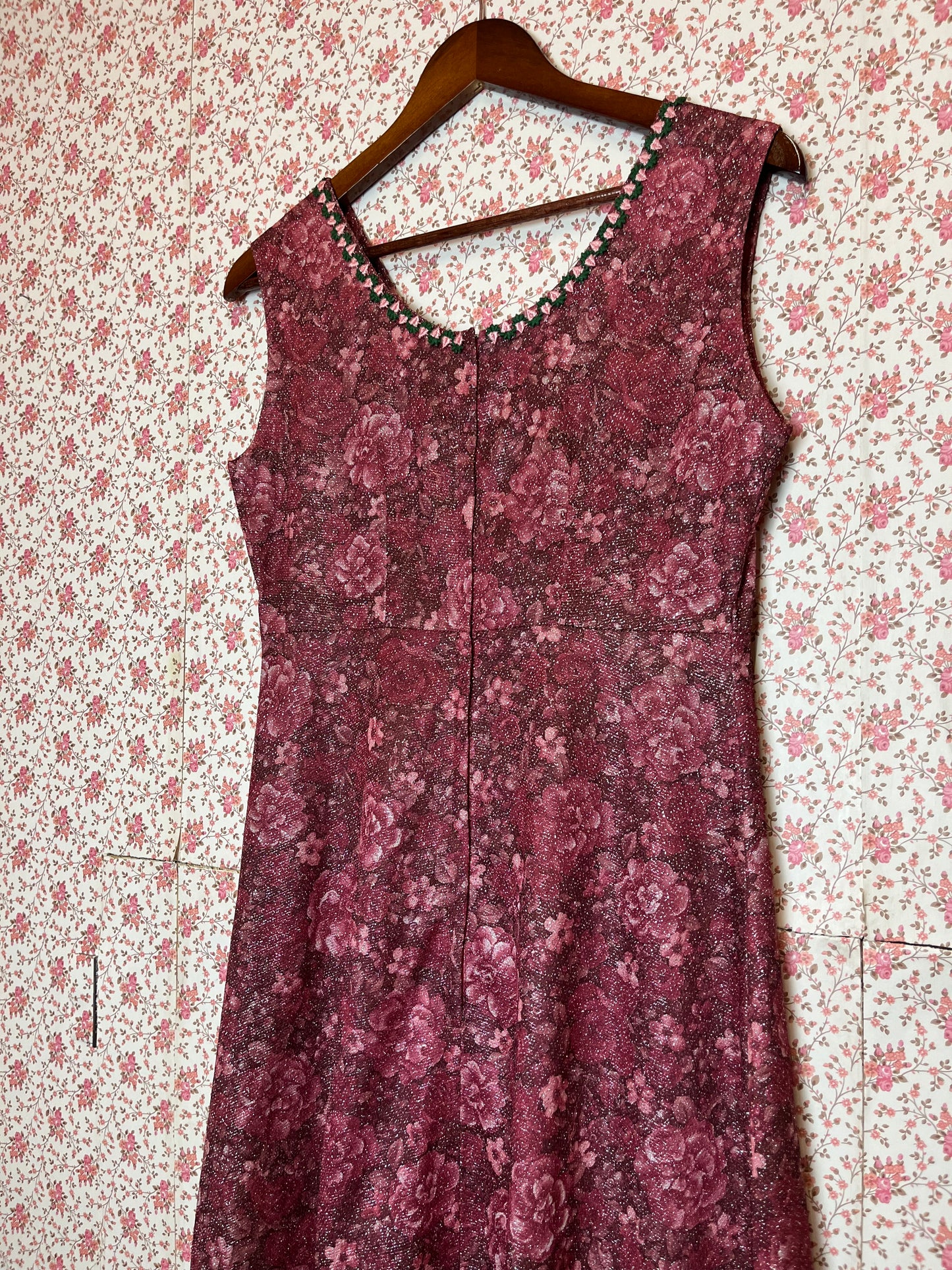 Vintage 1960s Hand Made Pink Floral Lame Empire Dress
