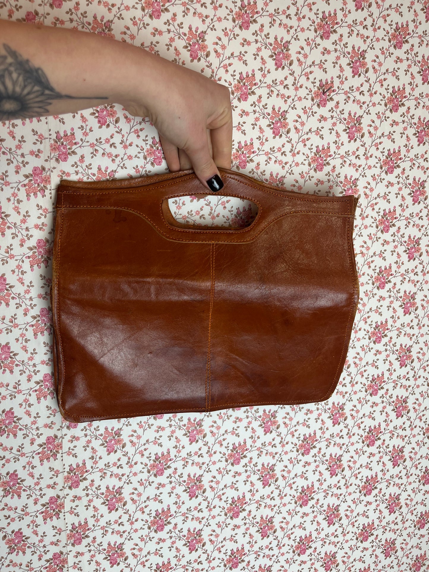 Vintage 1970s Brown Leather Folded Clutch and Handbag