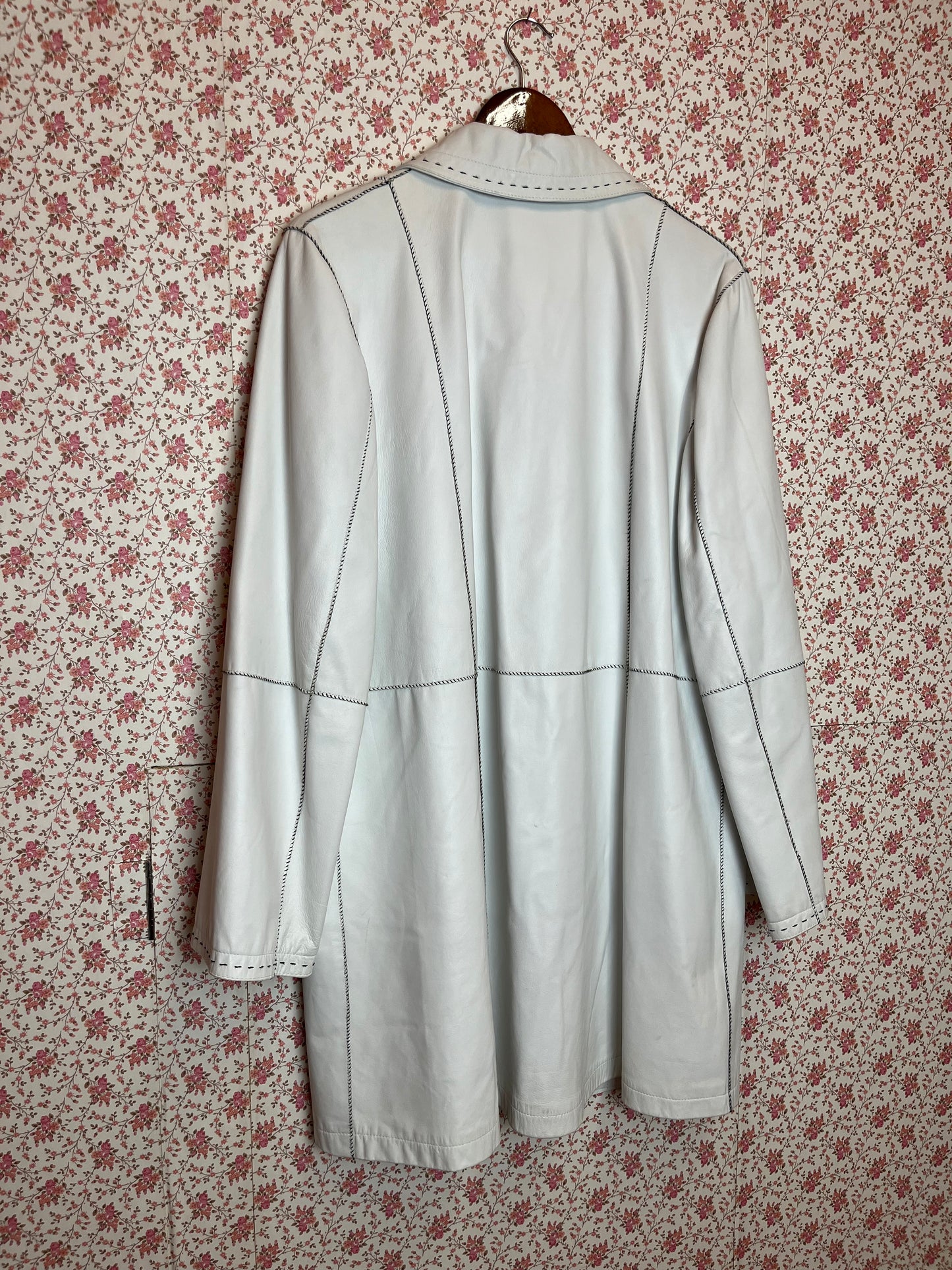 Vintage 1960s Long White Leather Jacket with Contrast Stitching