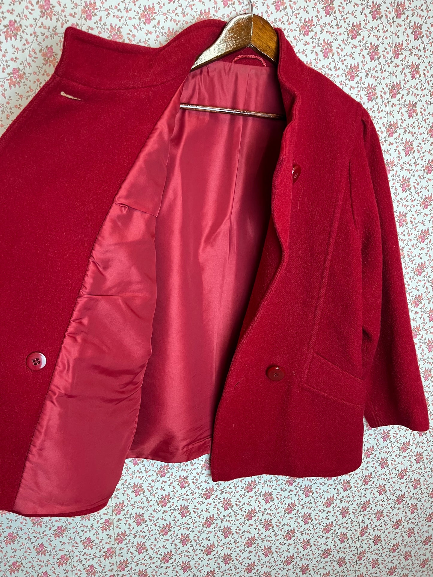 Vintage 1960s Funnel Neck Double Breasted Red Wool Coat