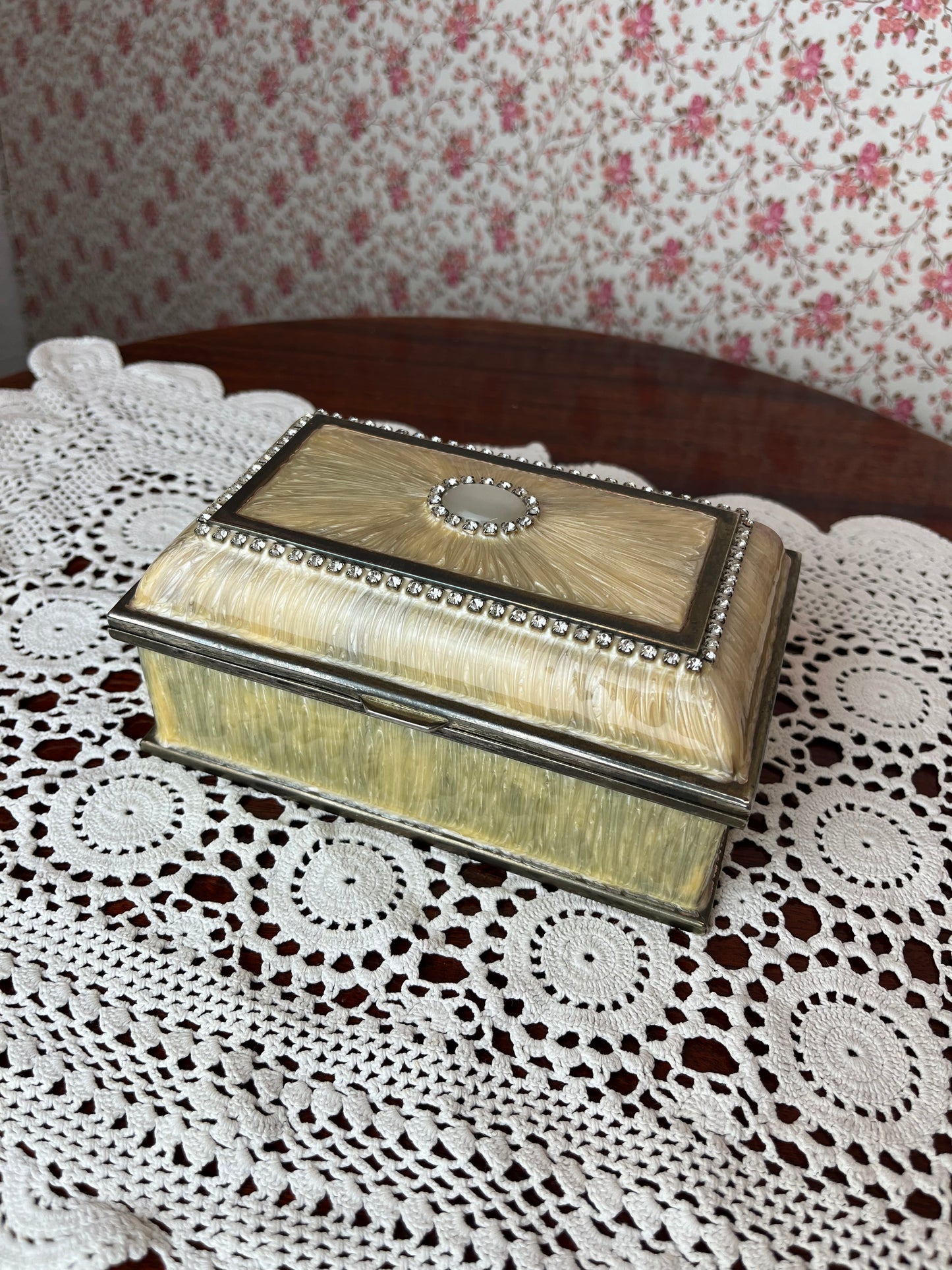 Vintage Silver Plated Ivory Resin Jewellery Box