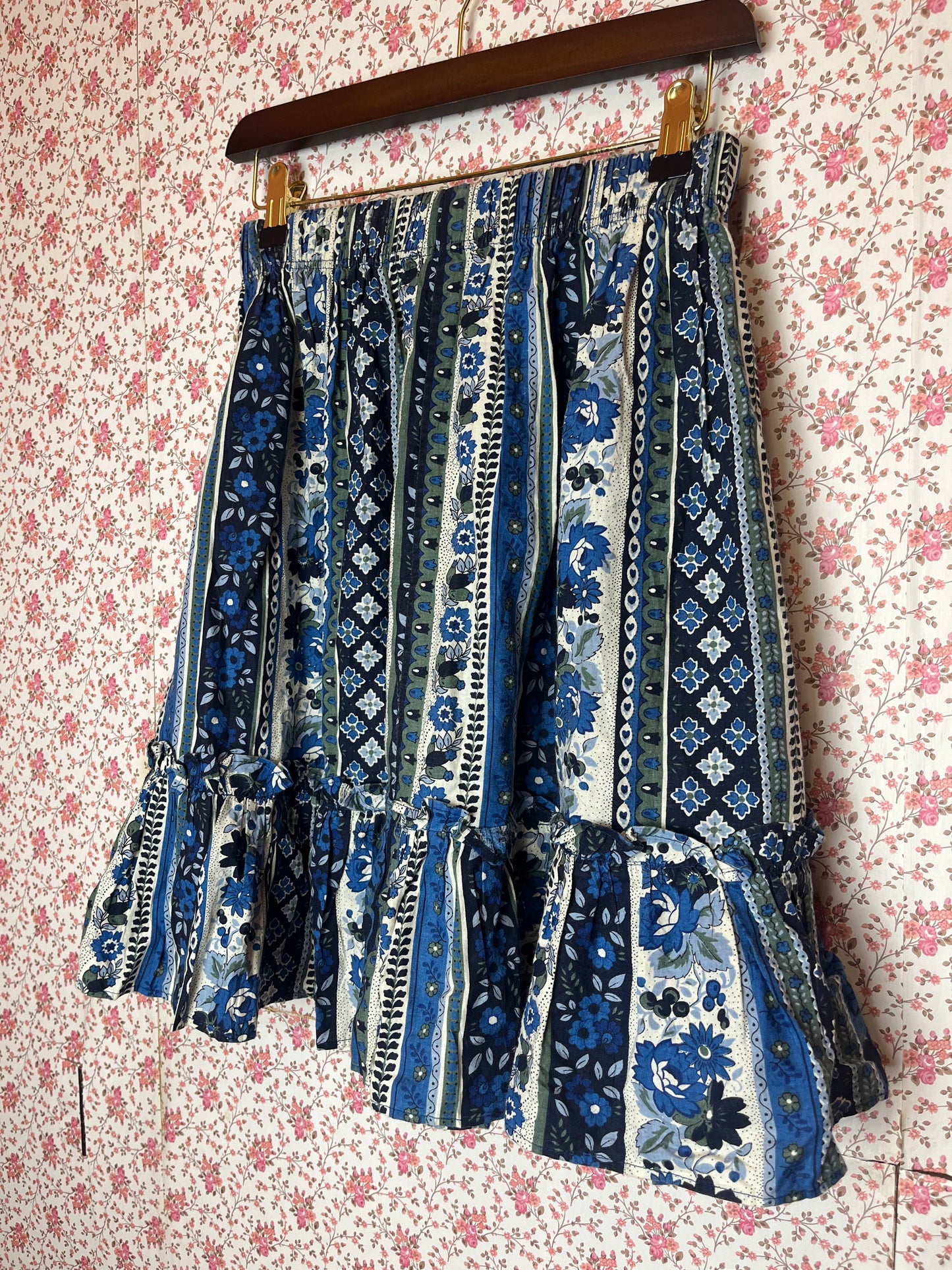 Vintage Blue & White Floral Striped Mini Skirt with Frill