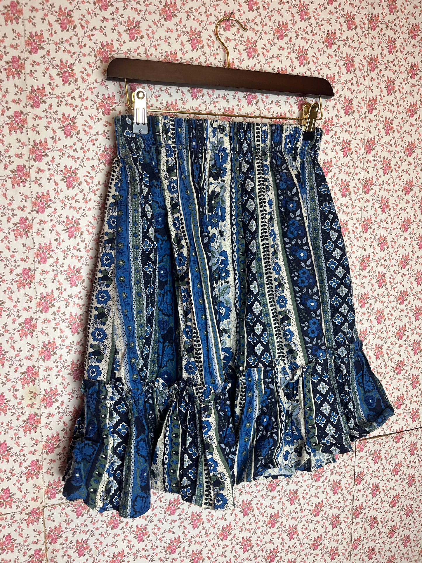 Vintage Blue & White Floral Striped Mini Skirt with Frill