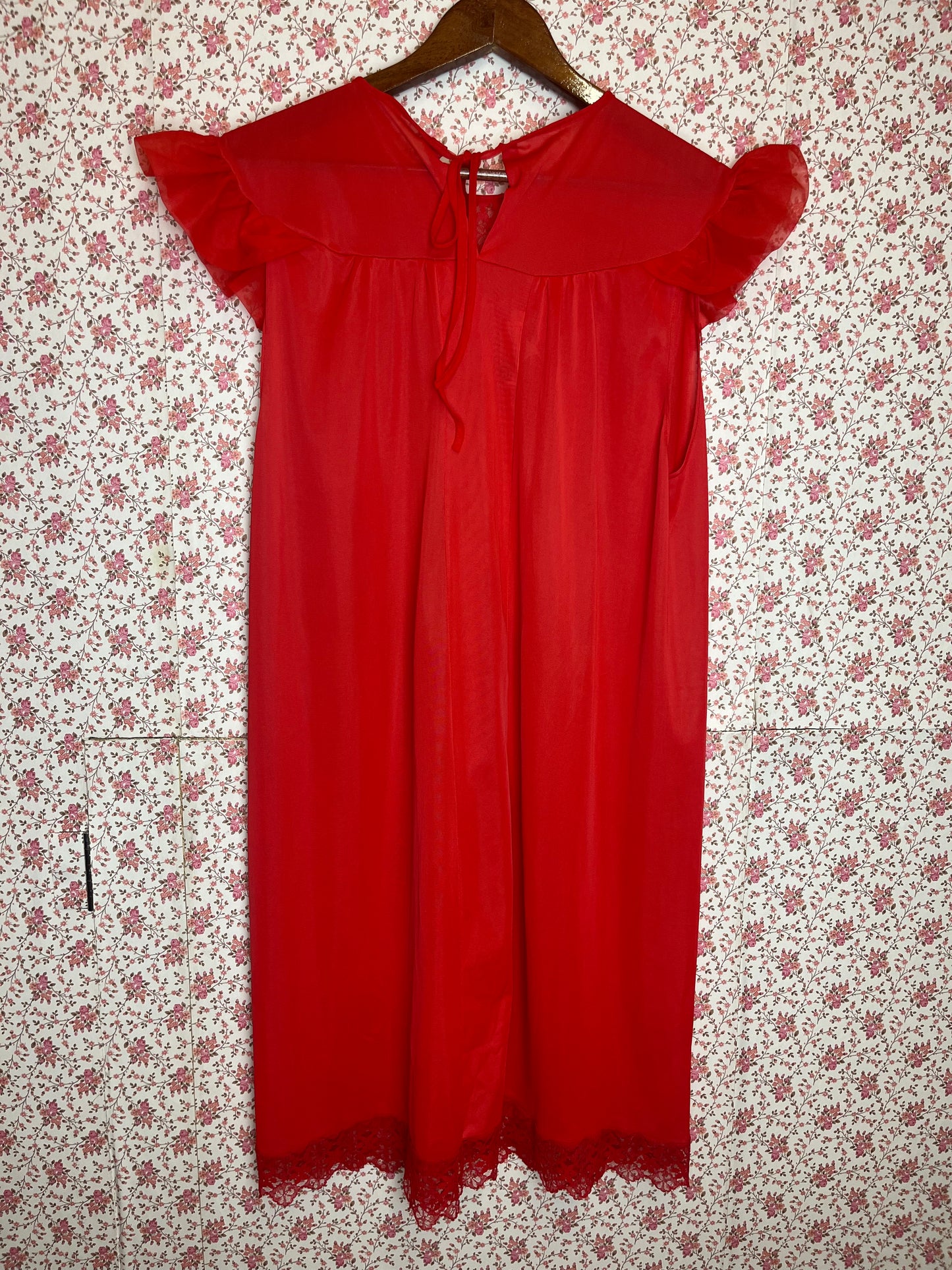 Vintage 1960s Semi Sheer Red Negligee with Lace Yoke