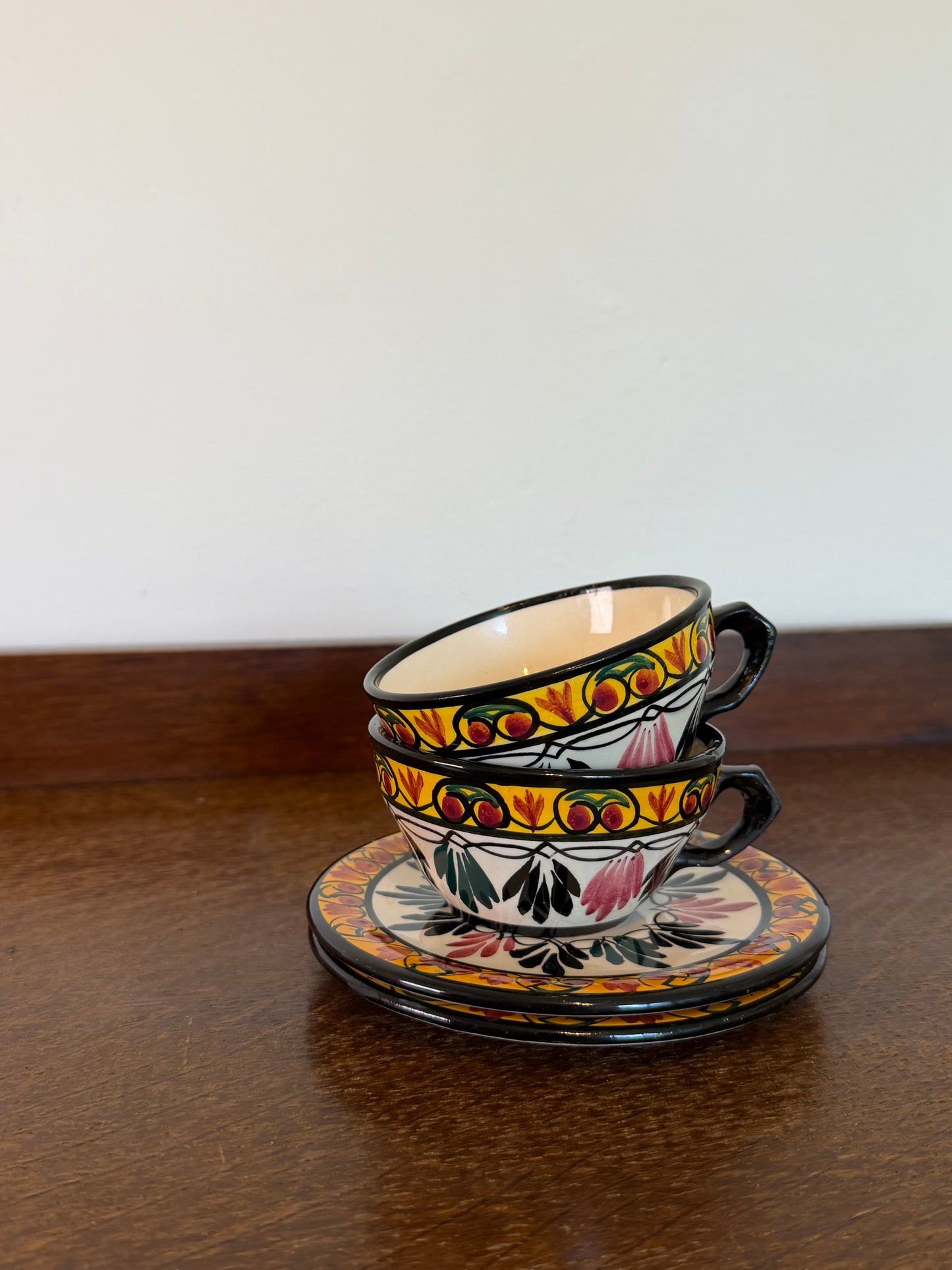 Vintage St Jean Hand-Decorated French Tea Cups & Saucers (Set of 2)
