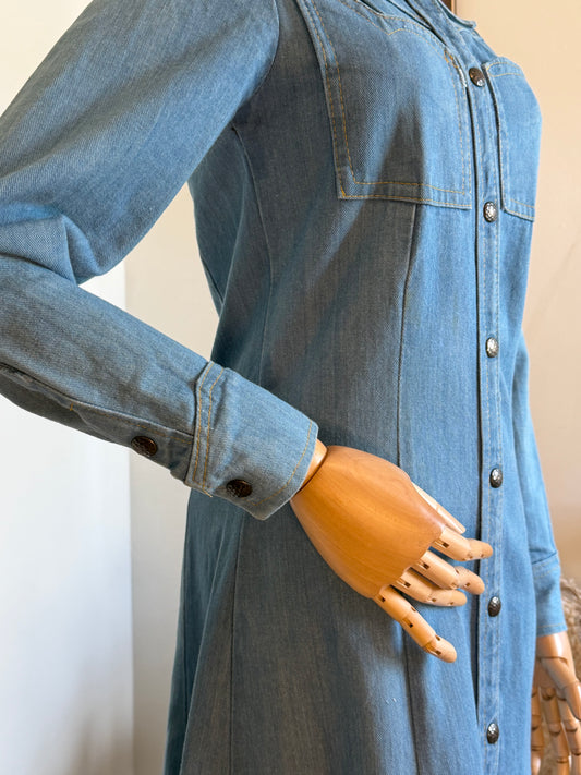 Vintage 1970s Blue Denim Western Collared Shirt Dress - Size Small