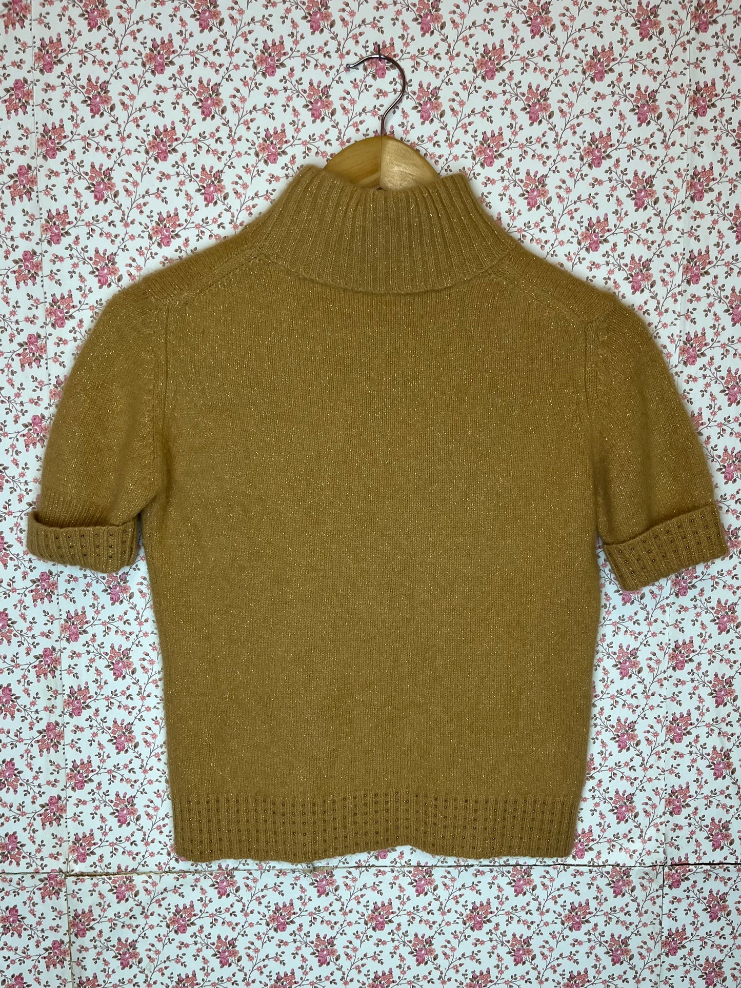 Vintage 1970s Mustard Angora Blend Short Sleeve Fine Knit Turtleneck