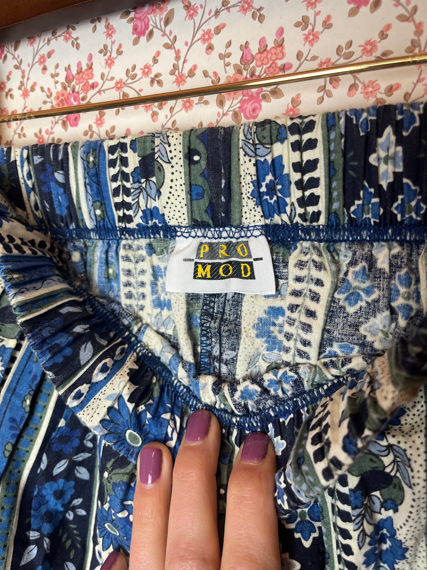 Vintage Blue & White Floral Striped Mini Skirt with Frill