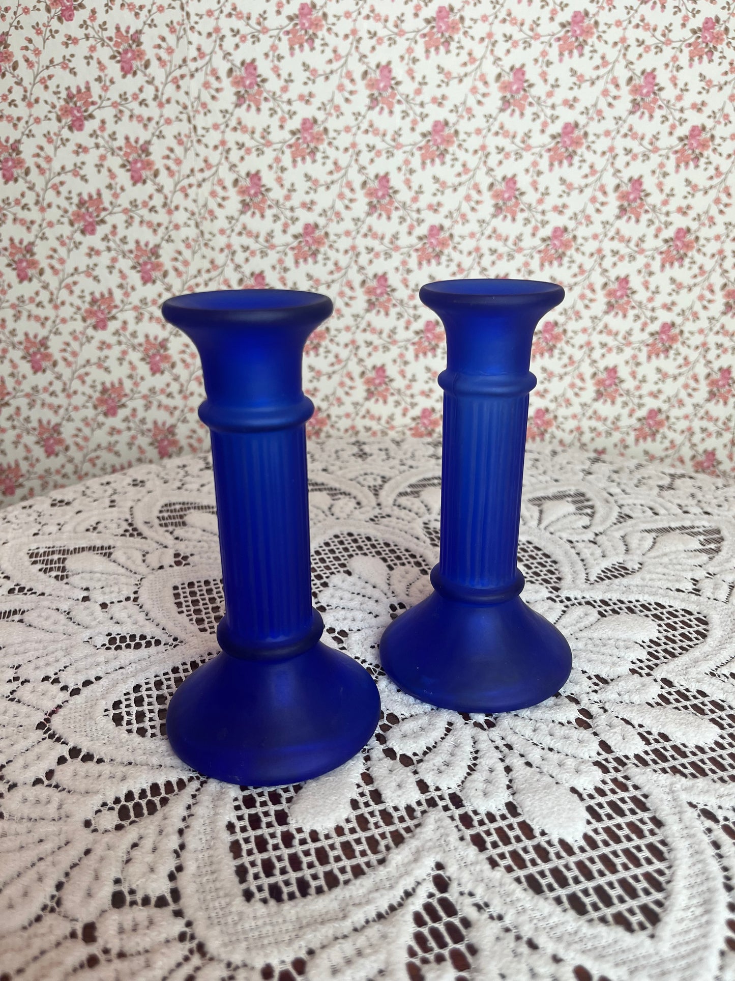 Vintage Blue Frosted Glass Candlestick Holders
