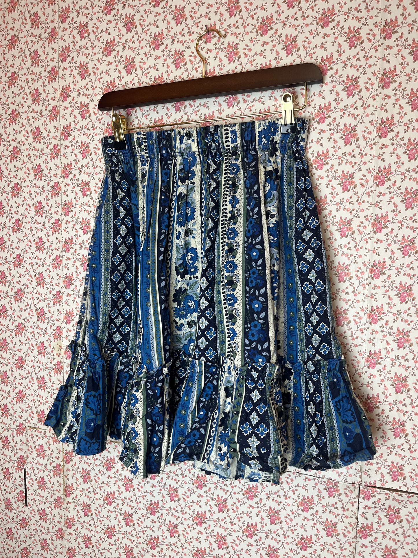 Vintage Blue & White Floral Striped Mini Skirt with Frill