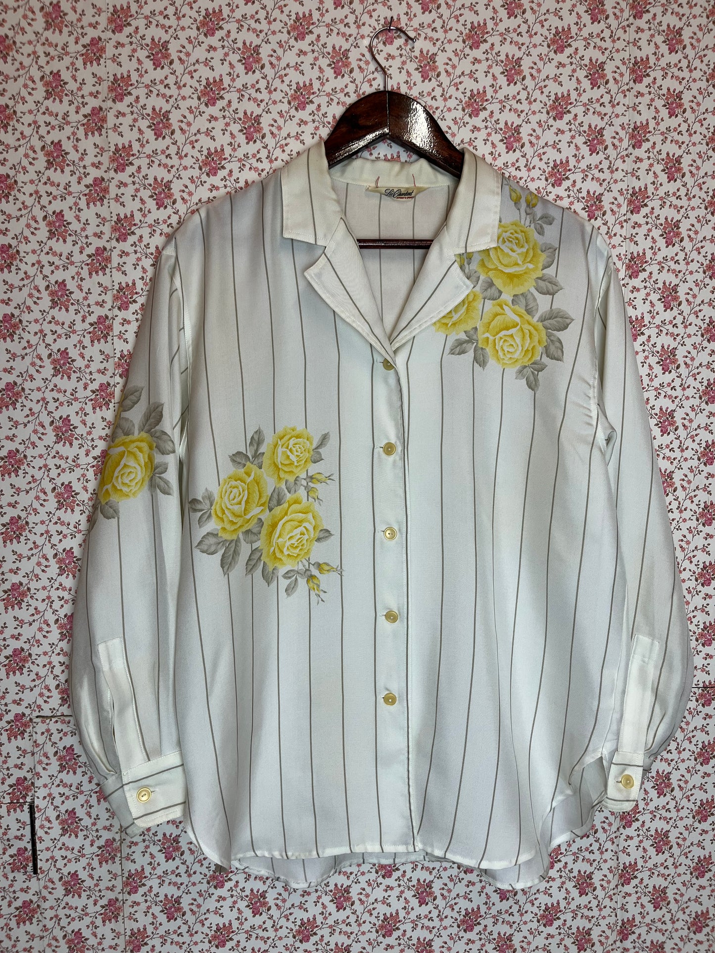 Vintage 1980s Striped Shirt with Yellow Roses