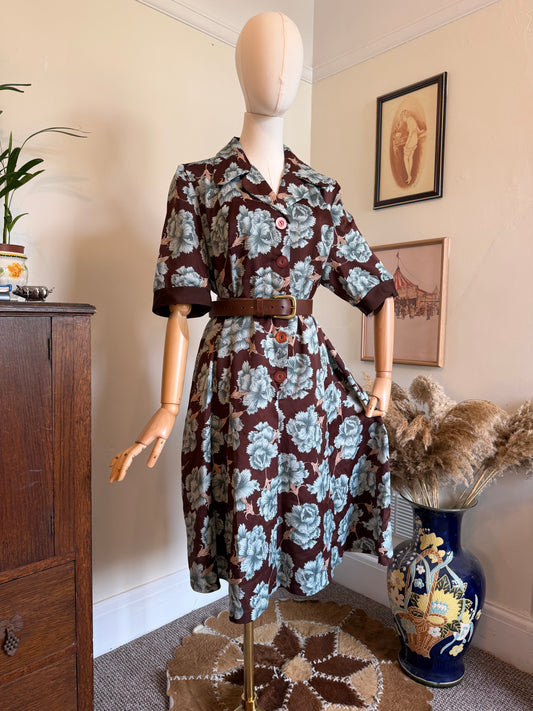 Vintage 1970s Brown & Blue Floral Tea Dress - Size Large