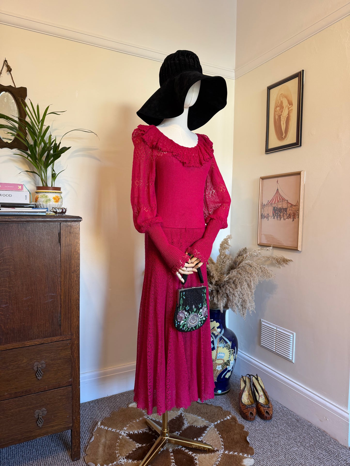 Vintage 1970s Crochet Lace Raspberry Maxi Dress - Size Small