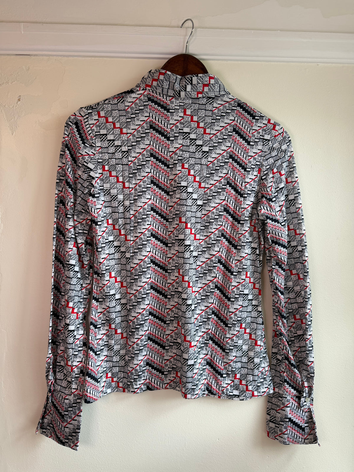 Vintage 1970s Red Black and White Geometric Print Long Sleeve Blouse - Size Small/Medium