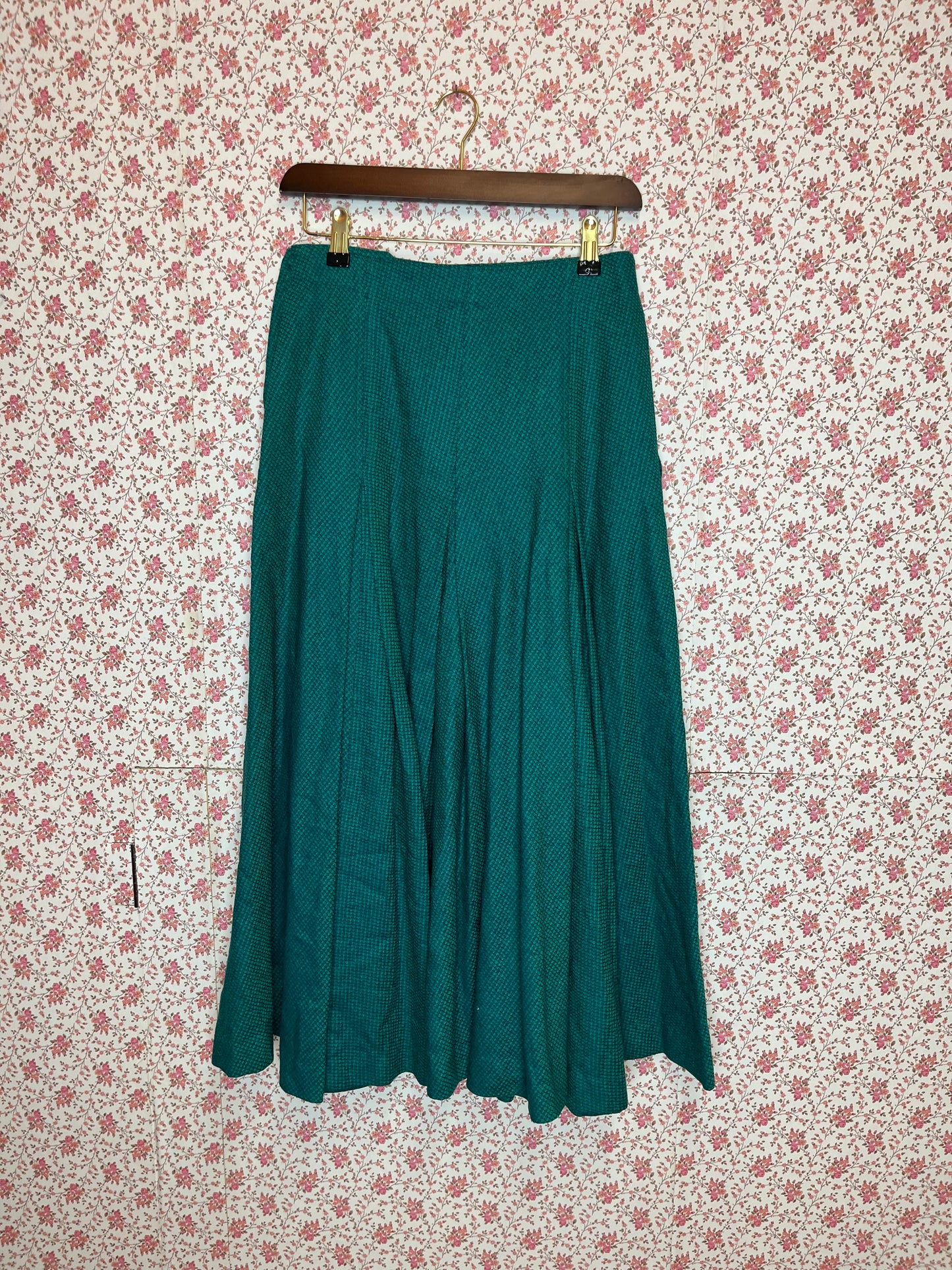 Vintage Green Wool Tiny Checkered Pleated Midi Skirt with Pockets