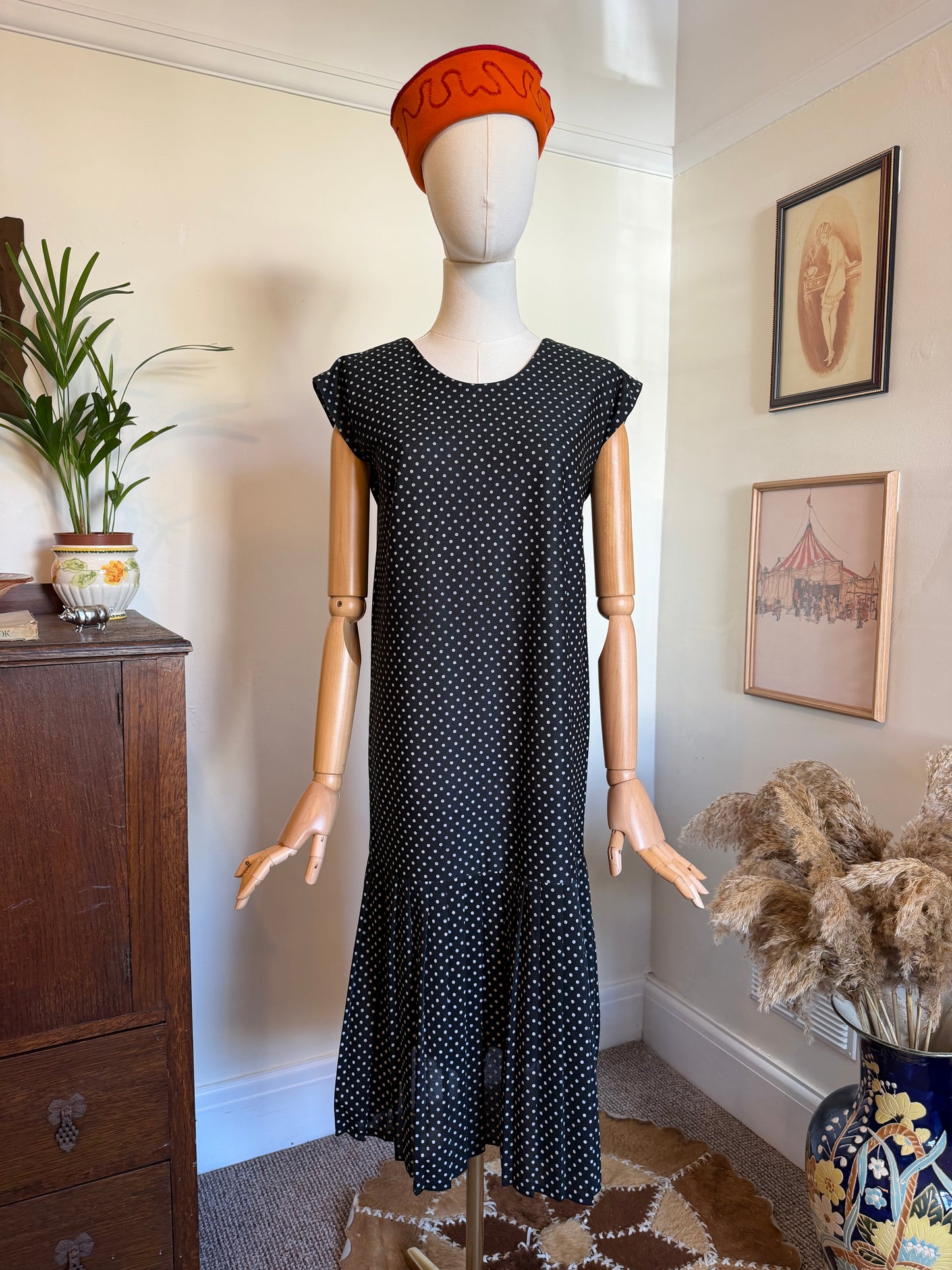 Vintage 1980s Polka Dot Drop Waist Dress - Size Medium