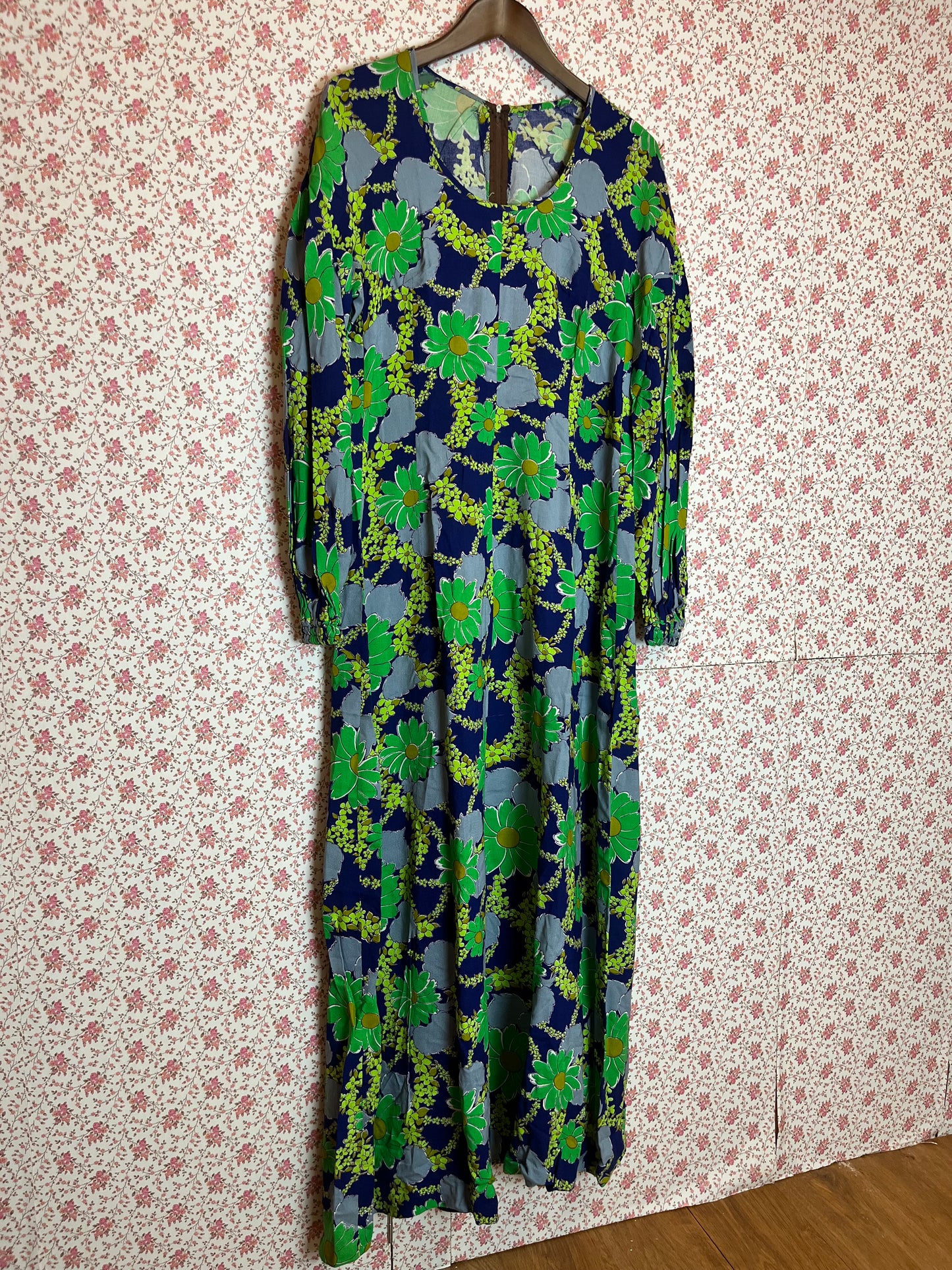 Vintage 1970s Handmade Long Sleeve Floral Maxi Dress in Blue & Green