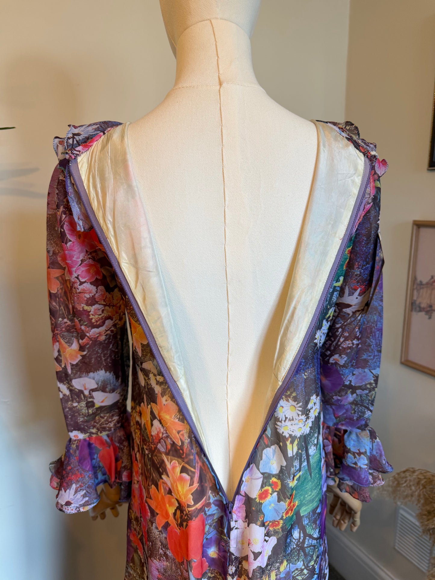 Vintage 1970s Hand Made Photographic Floral Print Frilled Maxi Dress