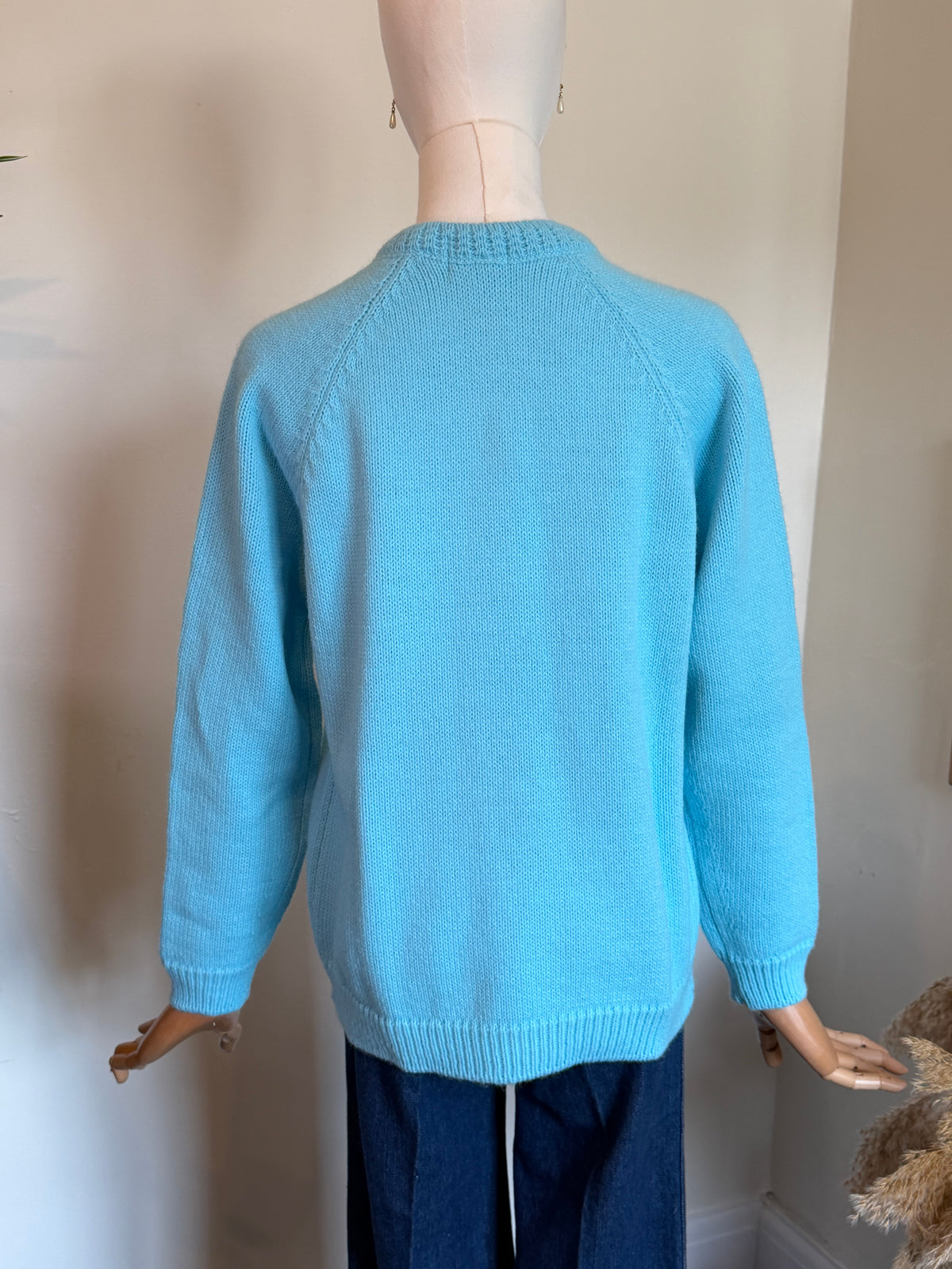 Vintage 1960s Turquoise Blue Fine Knit Button Front Cardigan - Size Medium