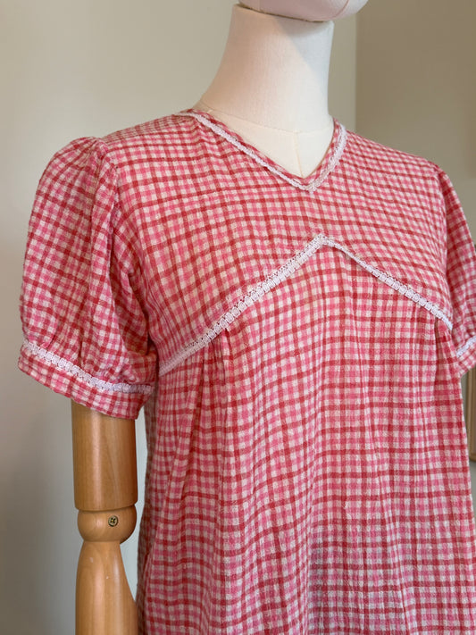 Vintage 1970s Pink Gingham Trimmed Top - Size Medium