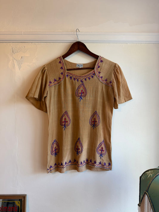 Vintage 1970s Tan Cotton Embroidered Square Neck Top - Size Small/Medium