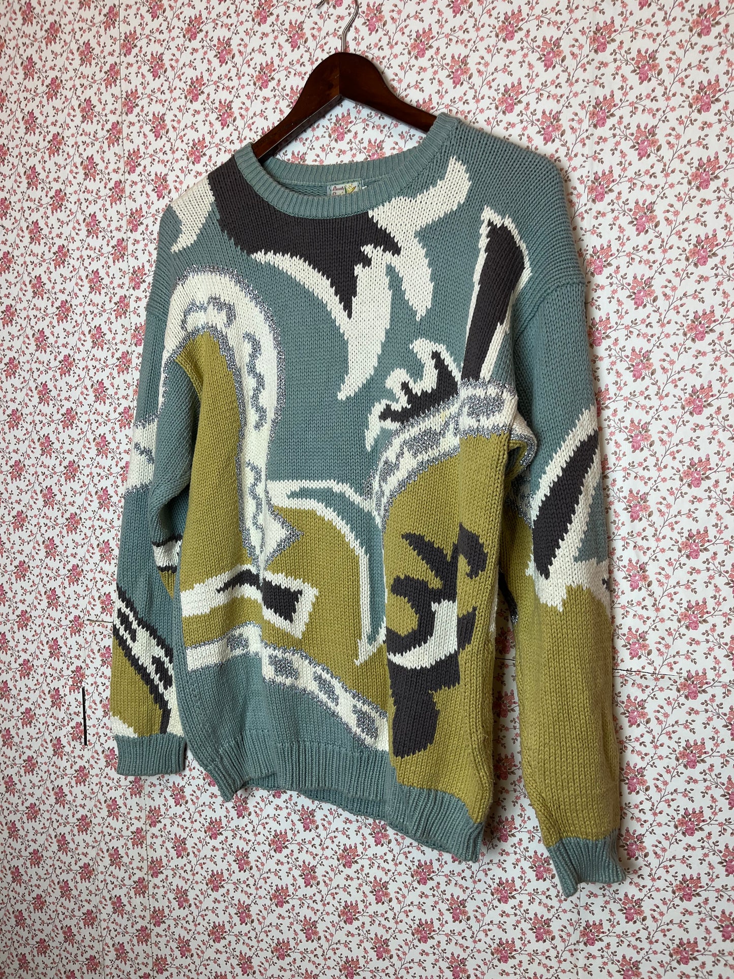 Vintage 1980s Blue & Yellow Abstract Pattern Knitted Cotton Jumper
