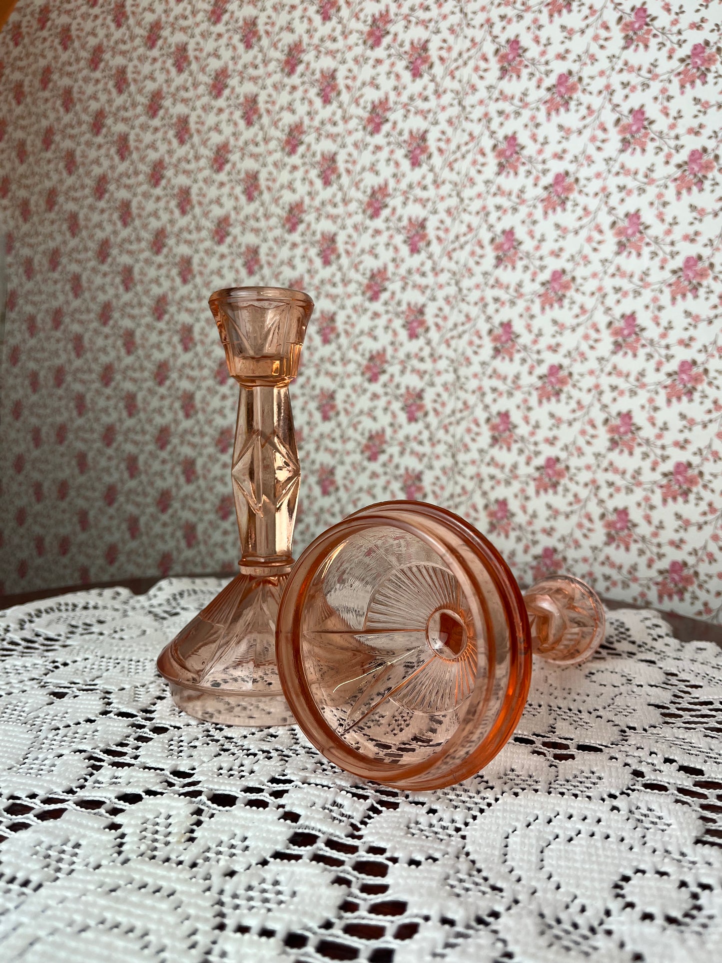 Vintage Art Deco Pink Glass Candlestick Holders set of 2