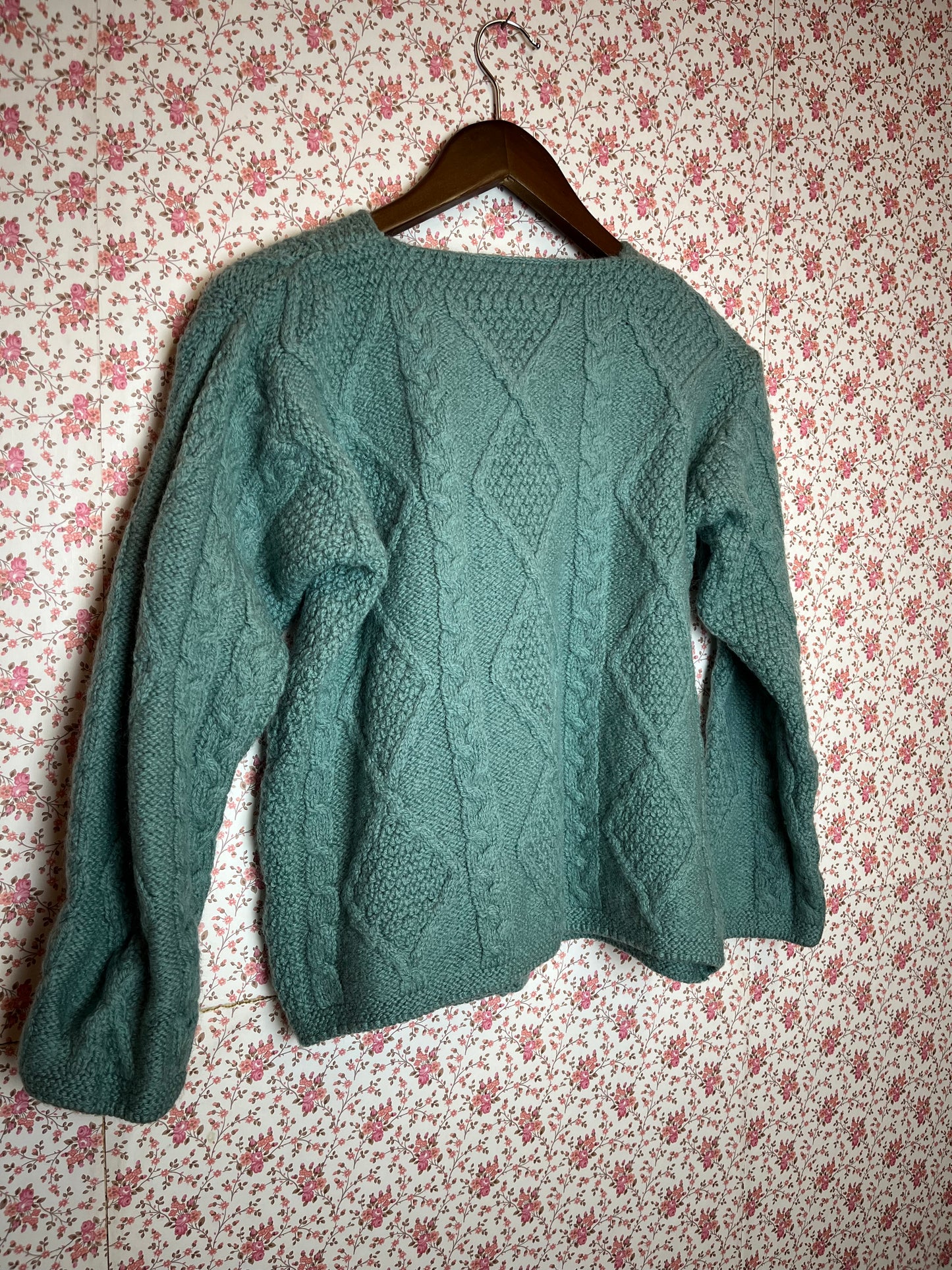 Vintage Hand Knitted Cable Knit Teal Wool Cardigan