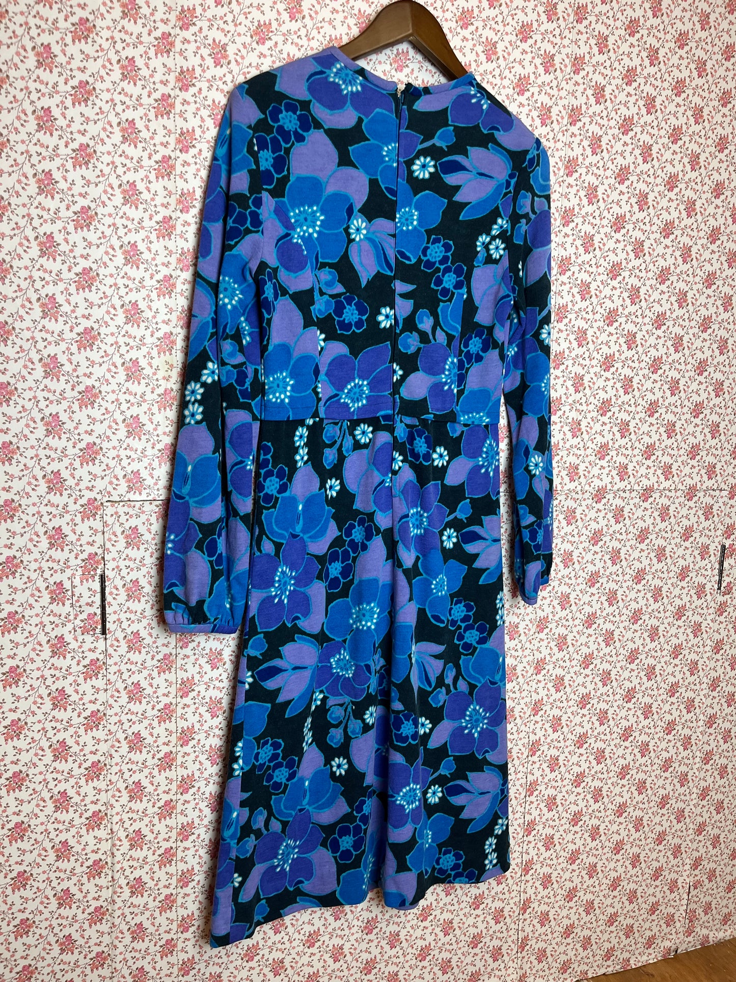 Vintage 1960s Lambswool Blend Black & Blue Floral Printed Fit & Flare Dress