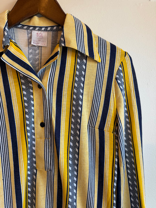 Vintage 1970s Yellow Navy Striped Flared Cuff Shirt - Size Medium