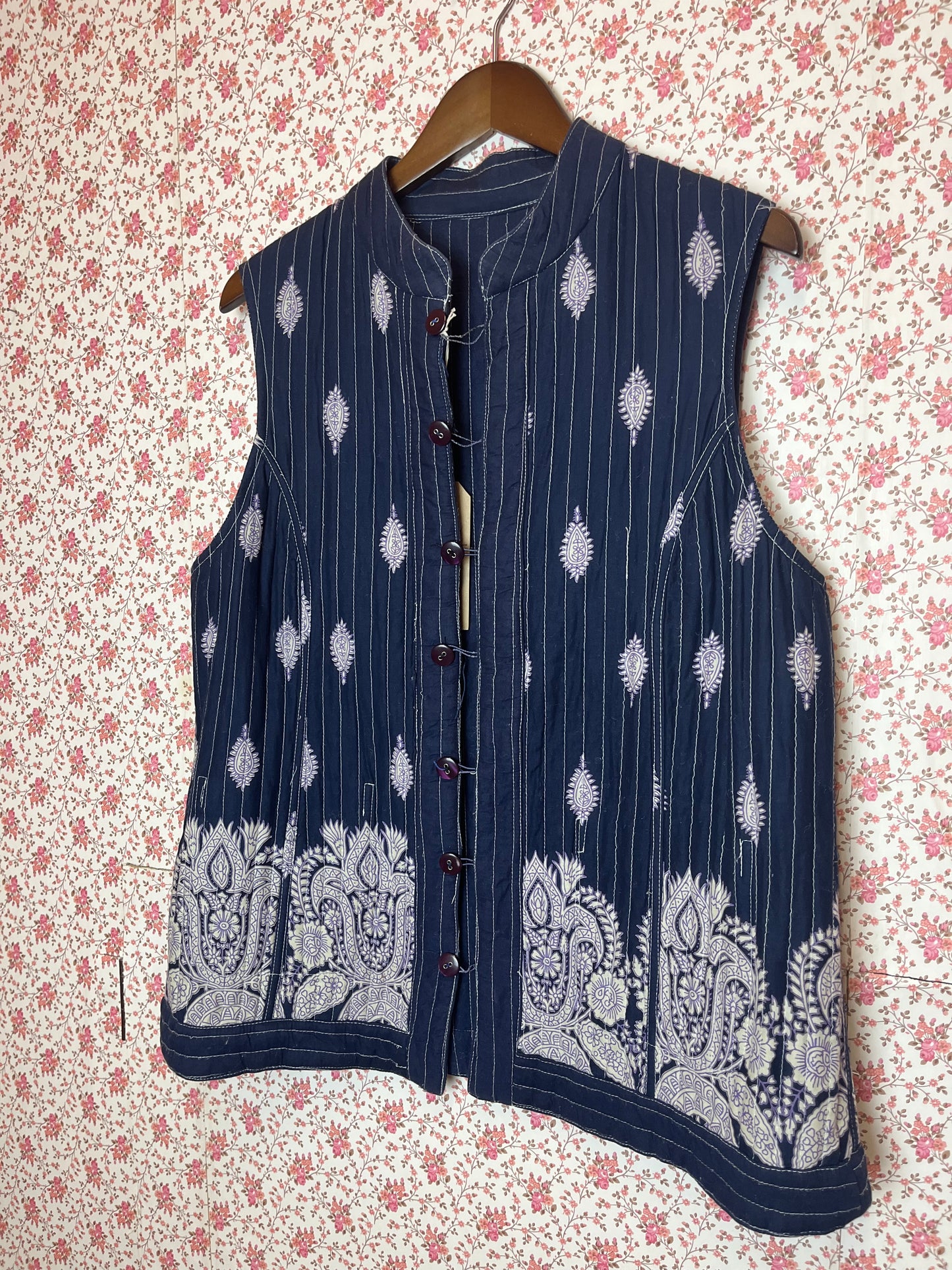 Vintage 1970s Reversible Quilted Paisley Printed Navy Waistcoat
