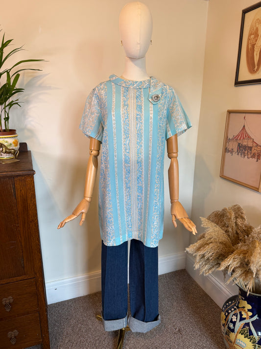 Vintage 1960s Handmade Blue Paisley Stripe Mini Dress - Size Medium