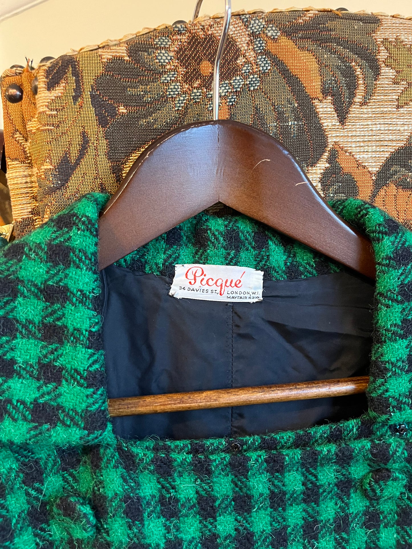 Vintage 1950s Green & Black Checked Wool Coat