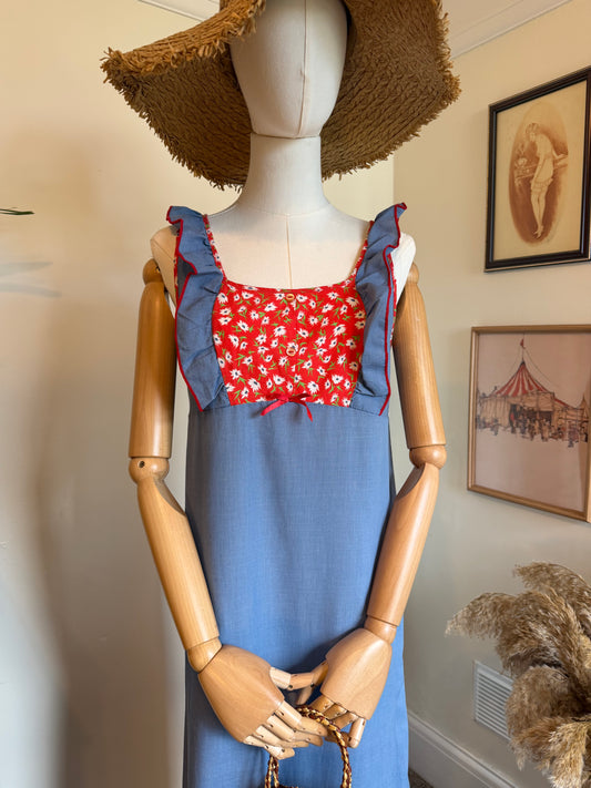 Vintage 1970s Prairie Ruffle Chambray & Floral Maxi Dress - Size Small/Medium