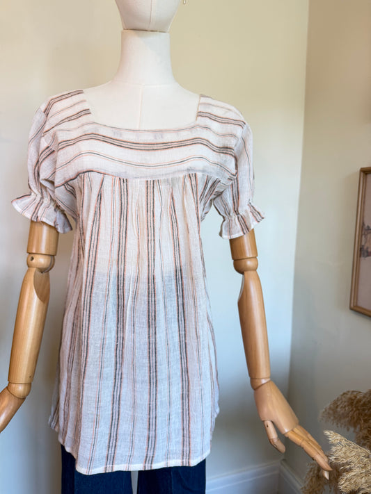 Vintage 1970s Striped Cotton Square Neck Smock Top - Size Small