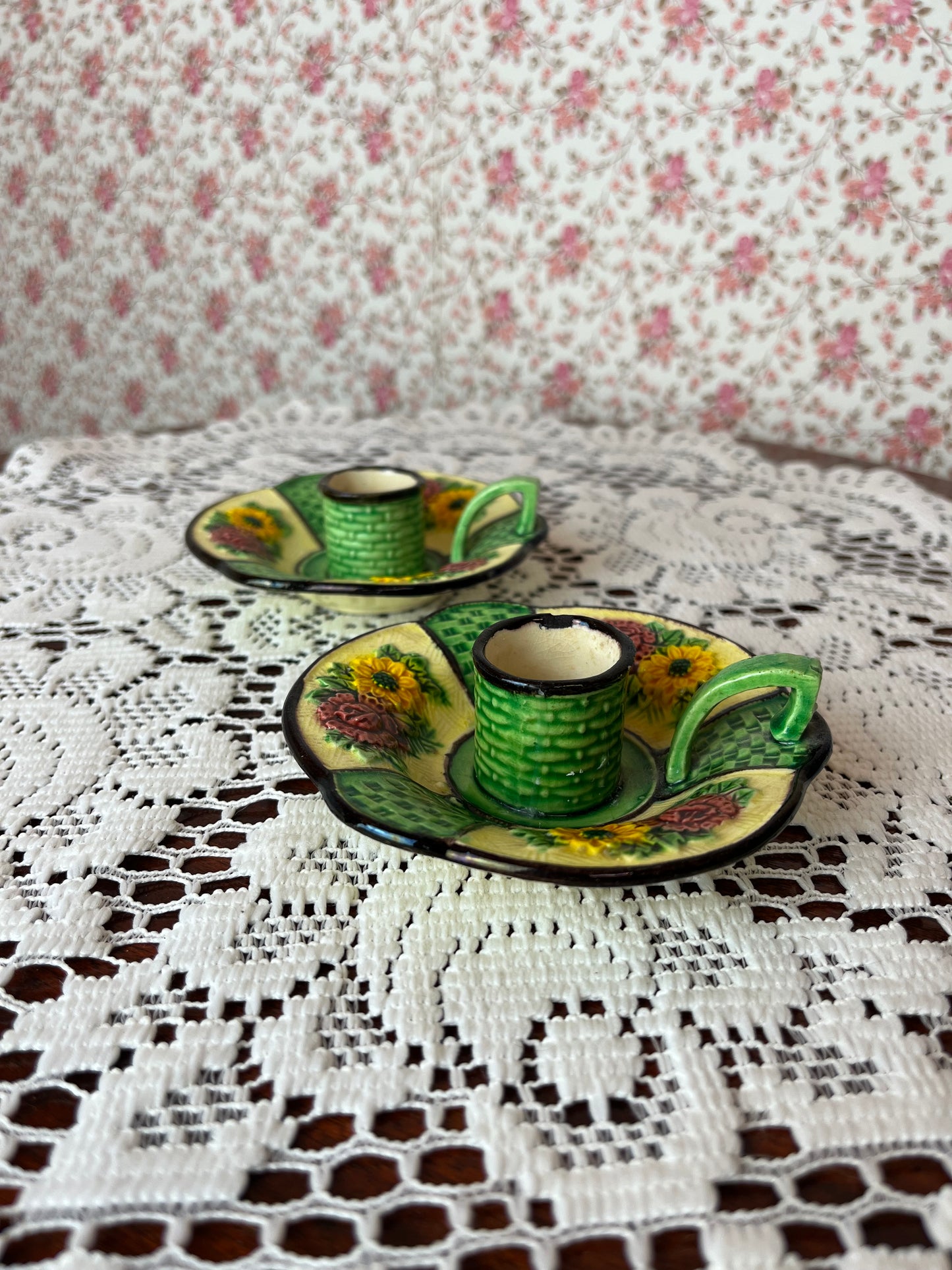 Vintage 1940s Marumon Ware Japanese Floral Chamberstick Candle Holders