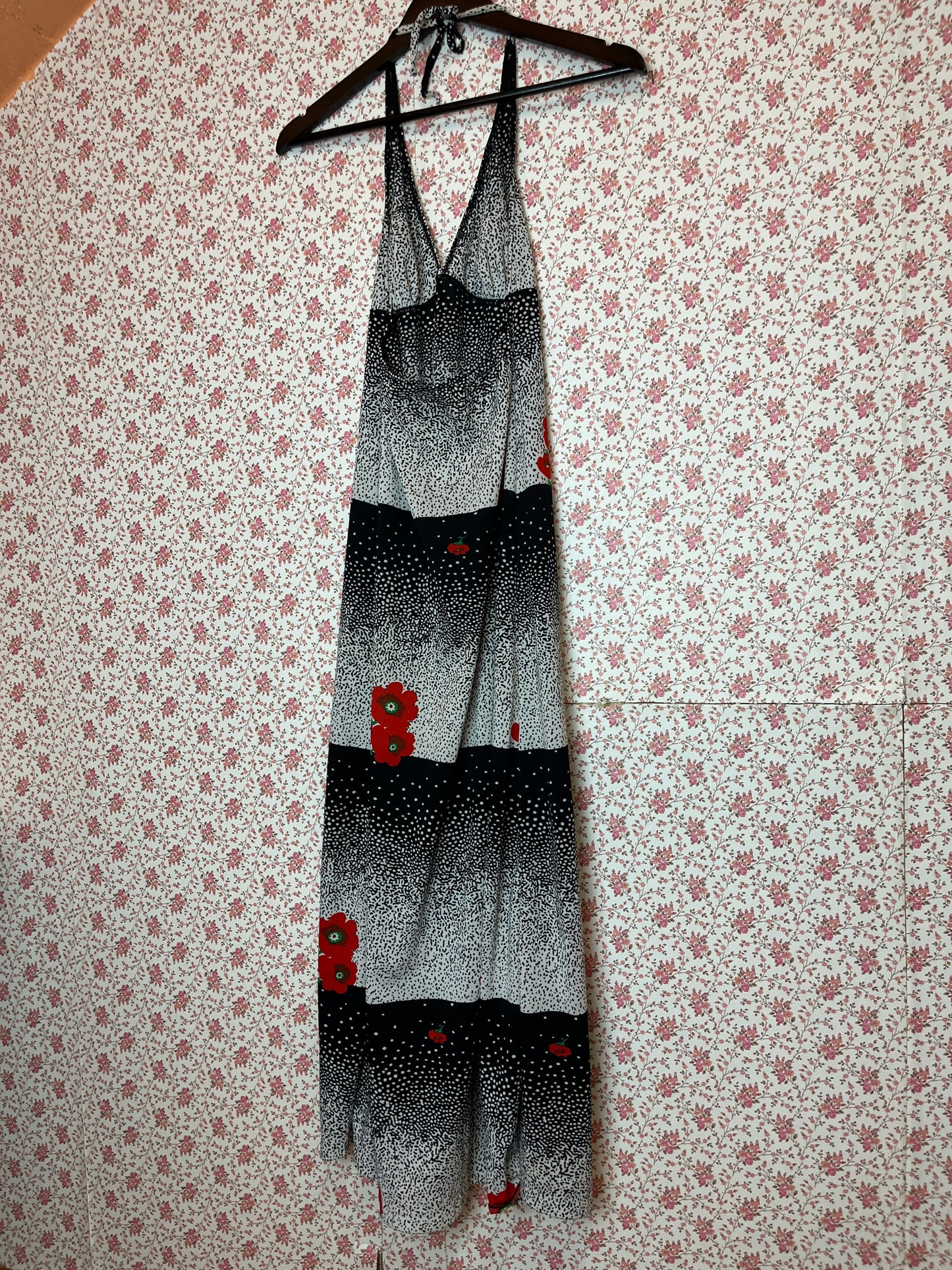 Vintage 1970s Hand Made Black White and Red Horizontal Halter Neck Dress