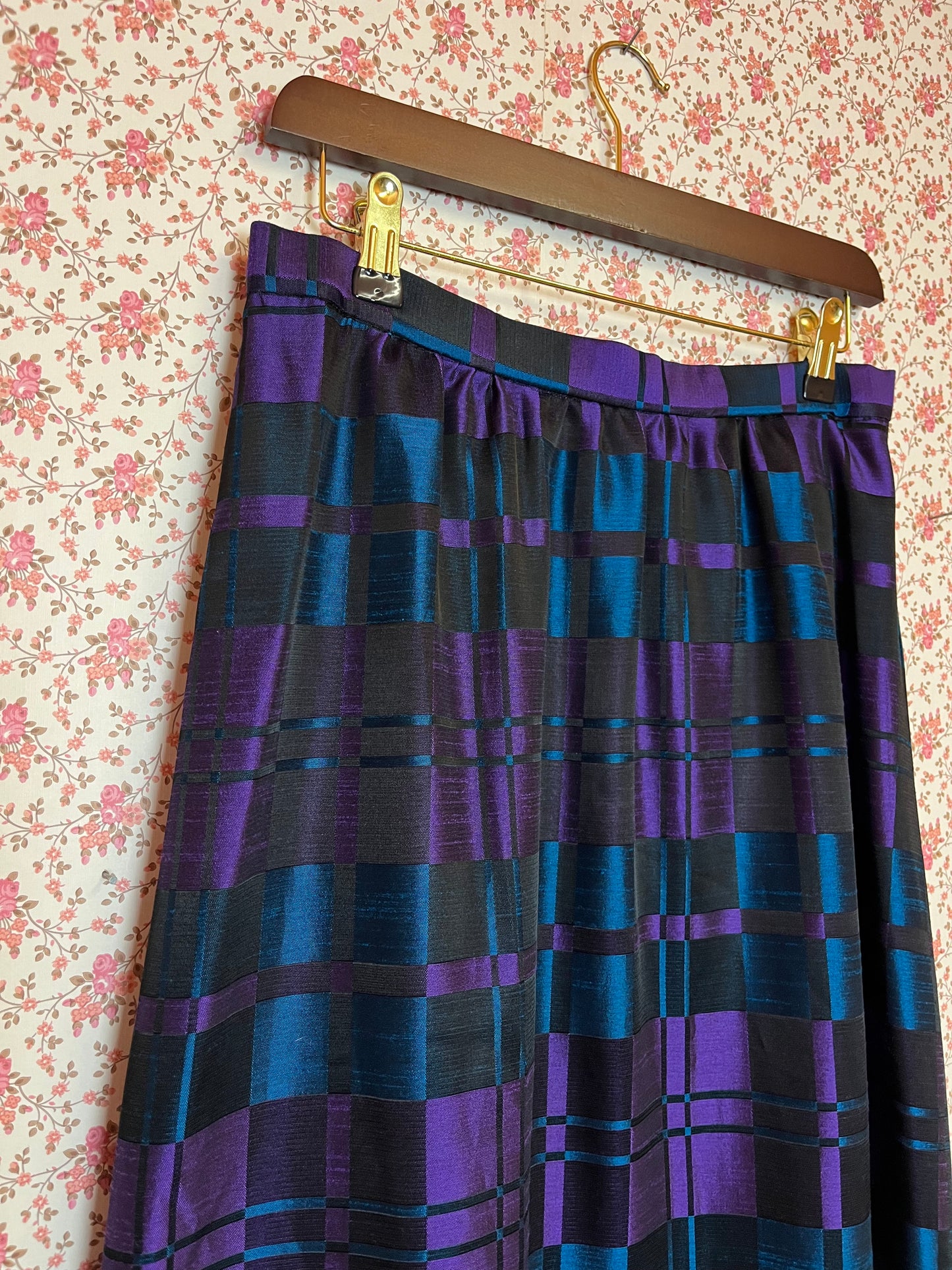 Vintage 1970s Hand Made Checked Satin Maxi Skirt