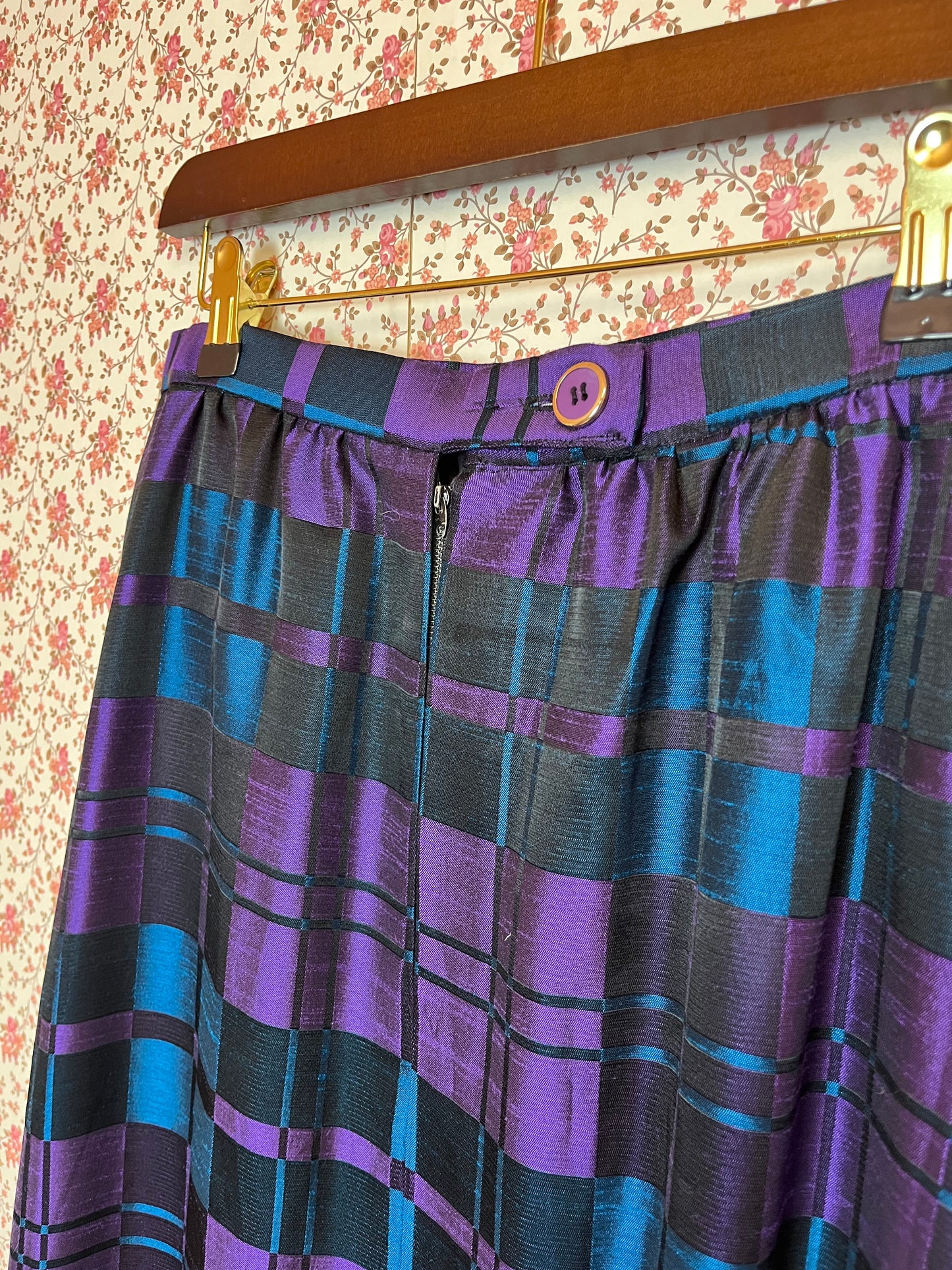 Vintage 1970s Hand Made Checked Satin Maxi Skirt