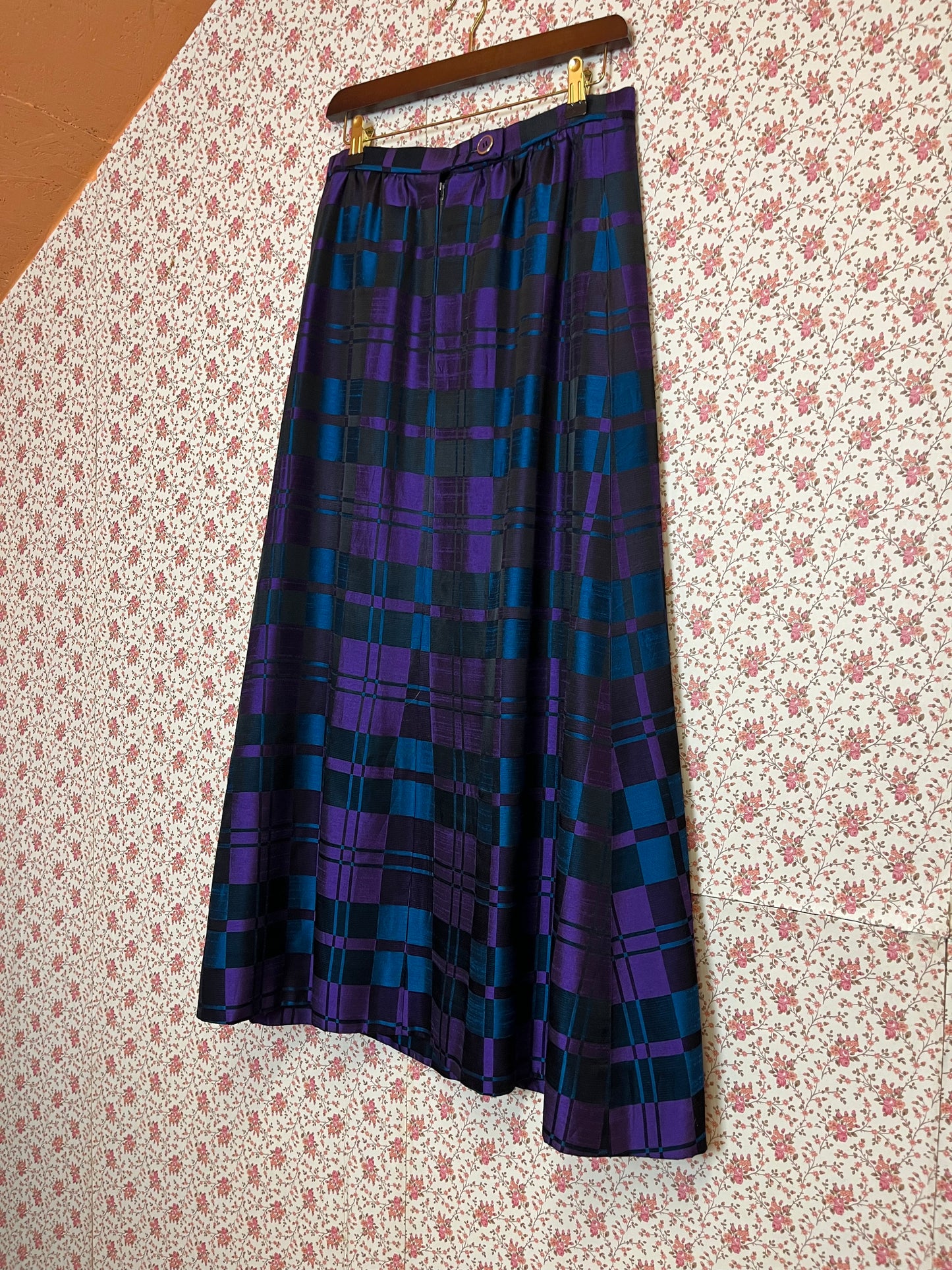 Vintage 1970s Hand Made Checked Satin Maxi Skirt