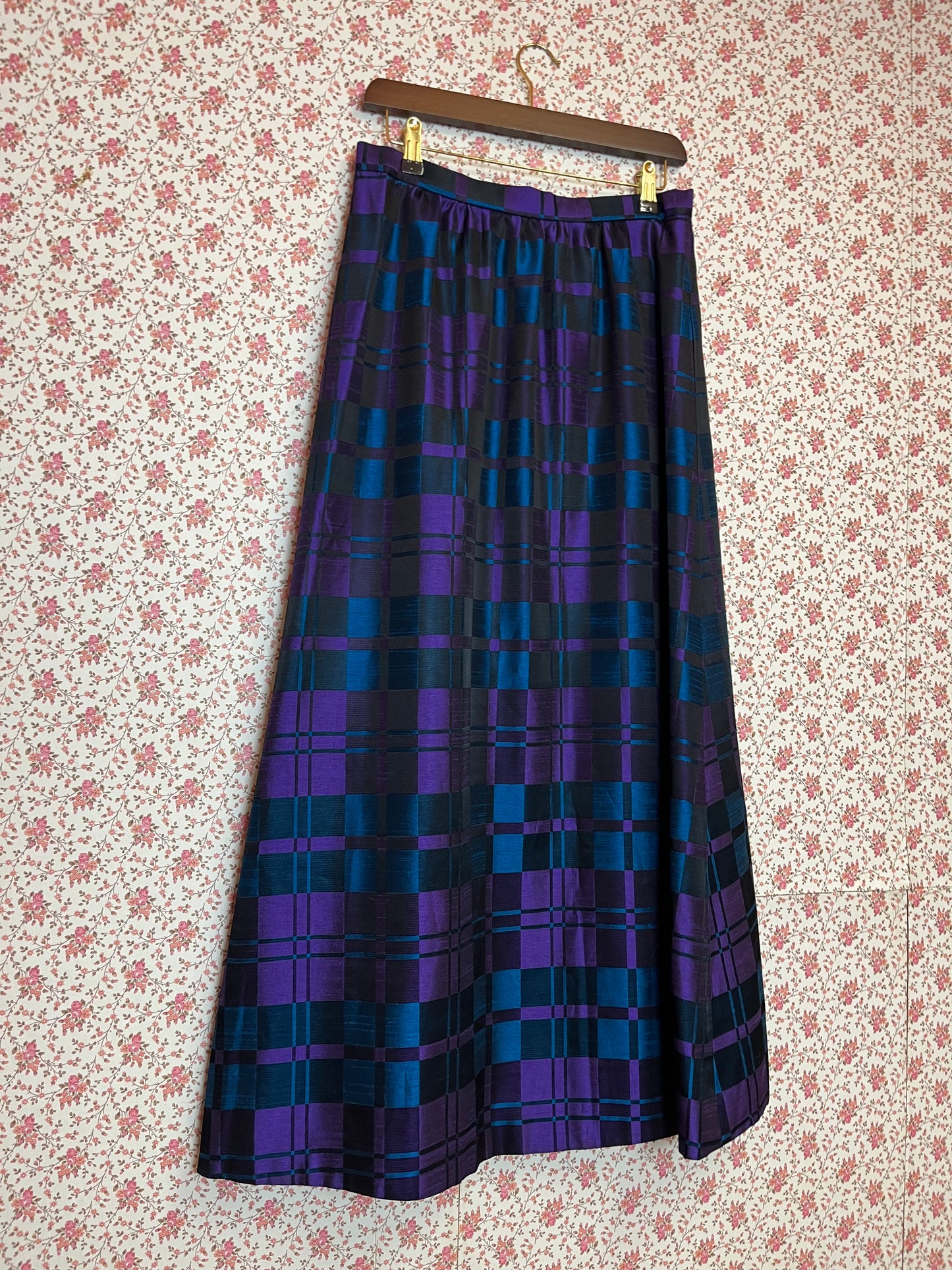 Vintage 1970s Hand Made Checked Satin Maxi Skirt