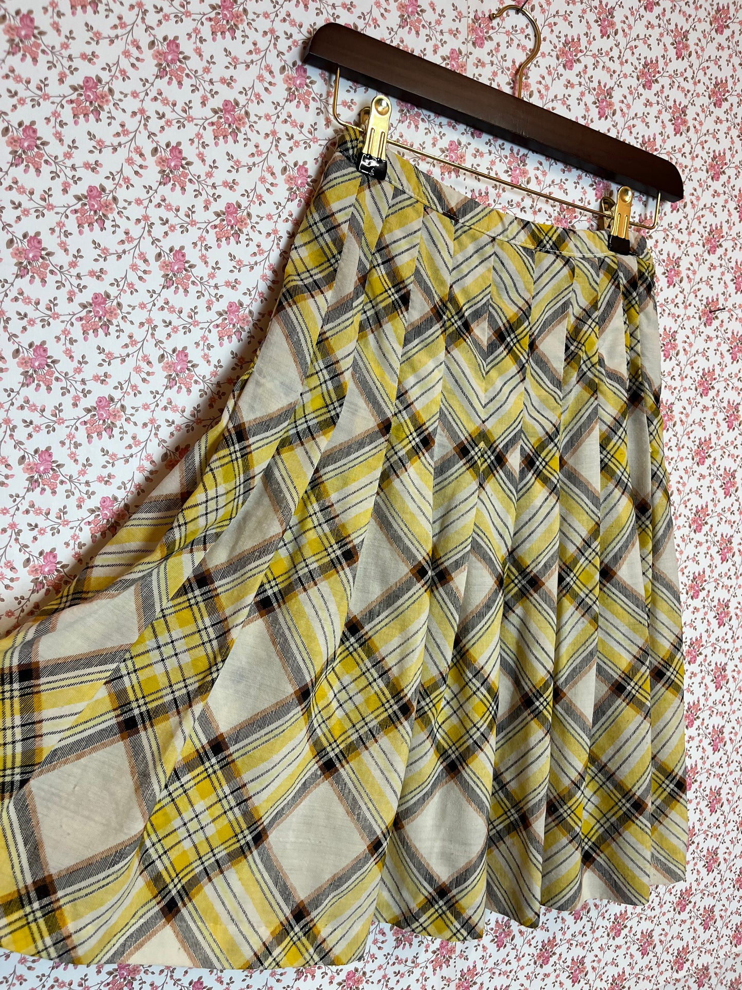Vintage 1970s Checked Pleated Midi Skirt