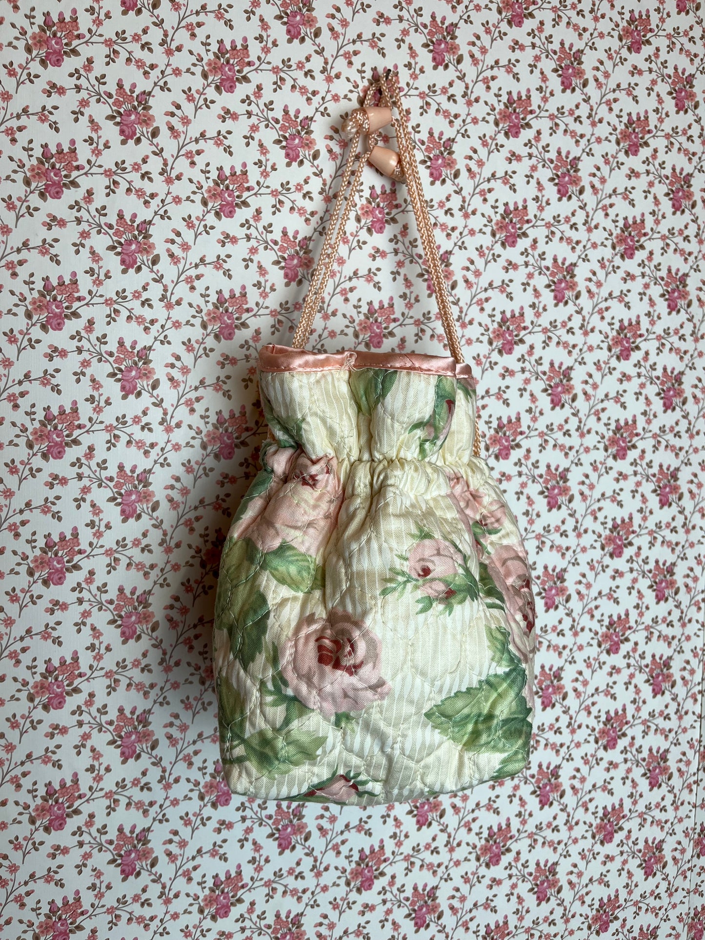 Vintage 1980s Floral Quilted Silk Drawstring Bag