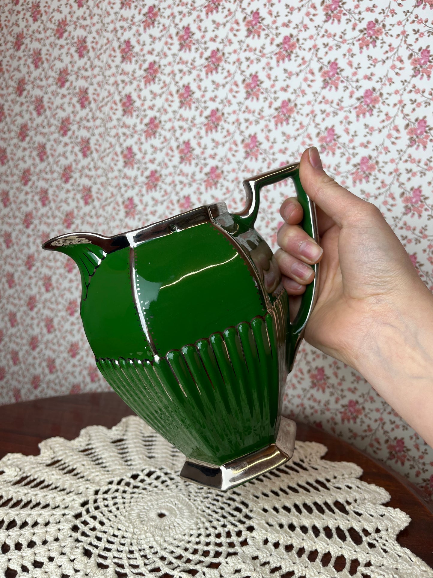 Vintage Victorian Art Deco Green and Silver Water Jug