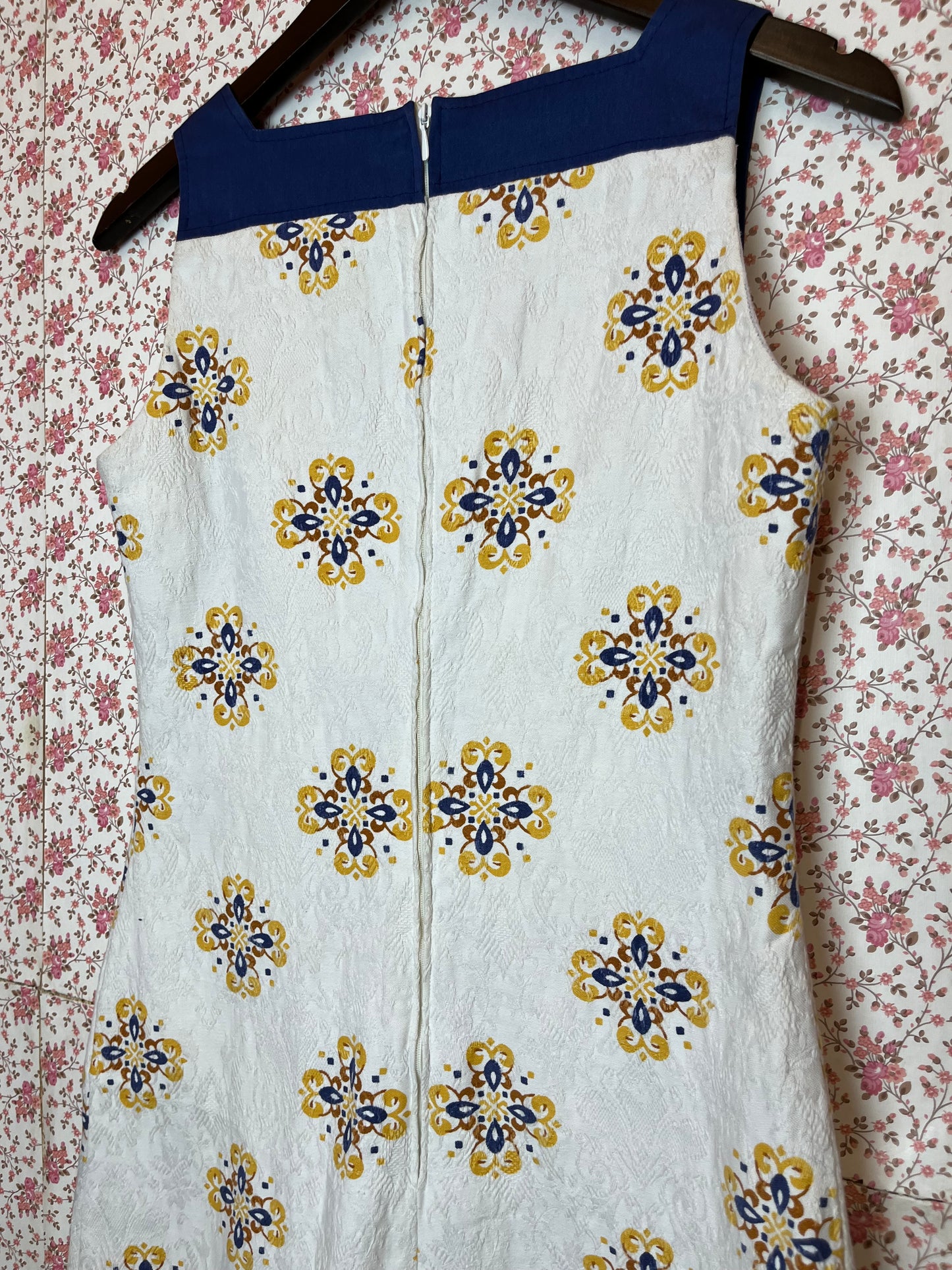 Vintage 1960s Jacquard Tile Print Pinafore Dress