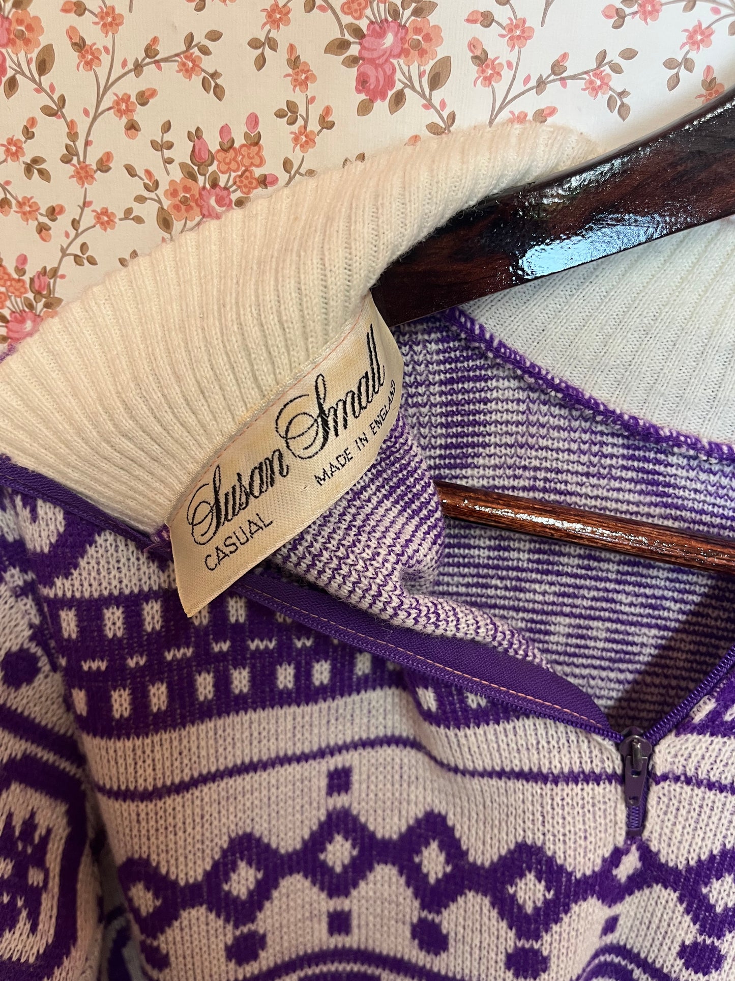 Vintage 1970s Purple & White Knitted Pattern Jumper Dress
