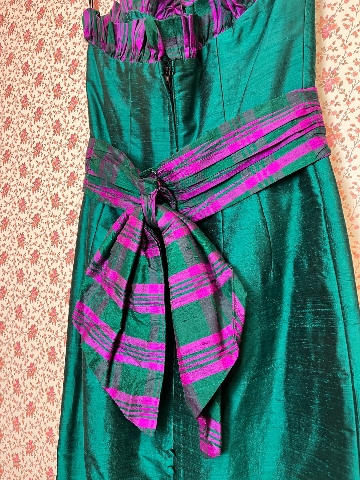 Vintage 1970s Strapless Ruffled Silk Bodycon Maxi Dress