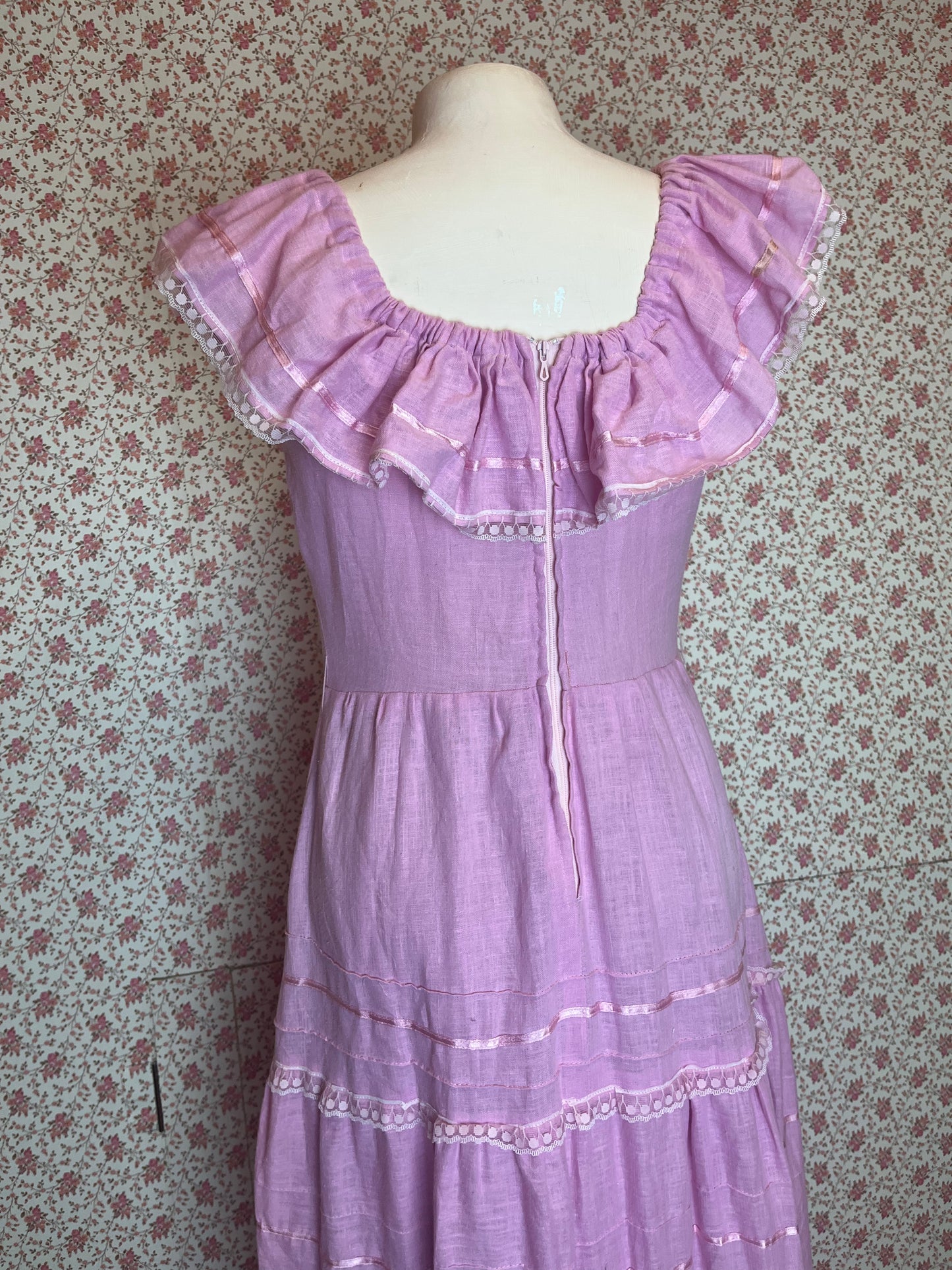 Vintage 1950s Pink Cotton Bardot Tiered Maxi Dress
